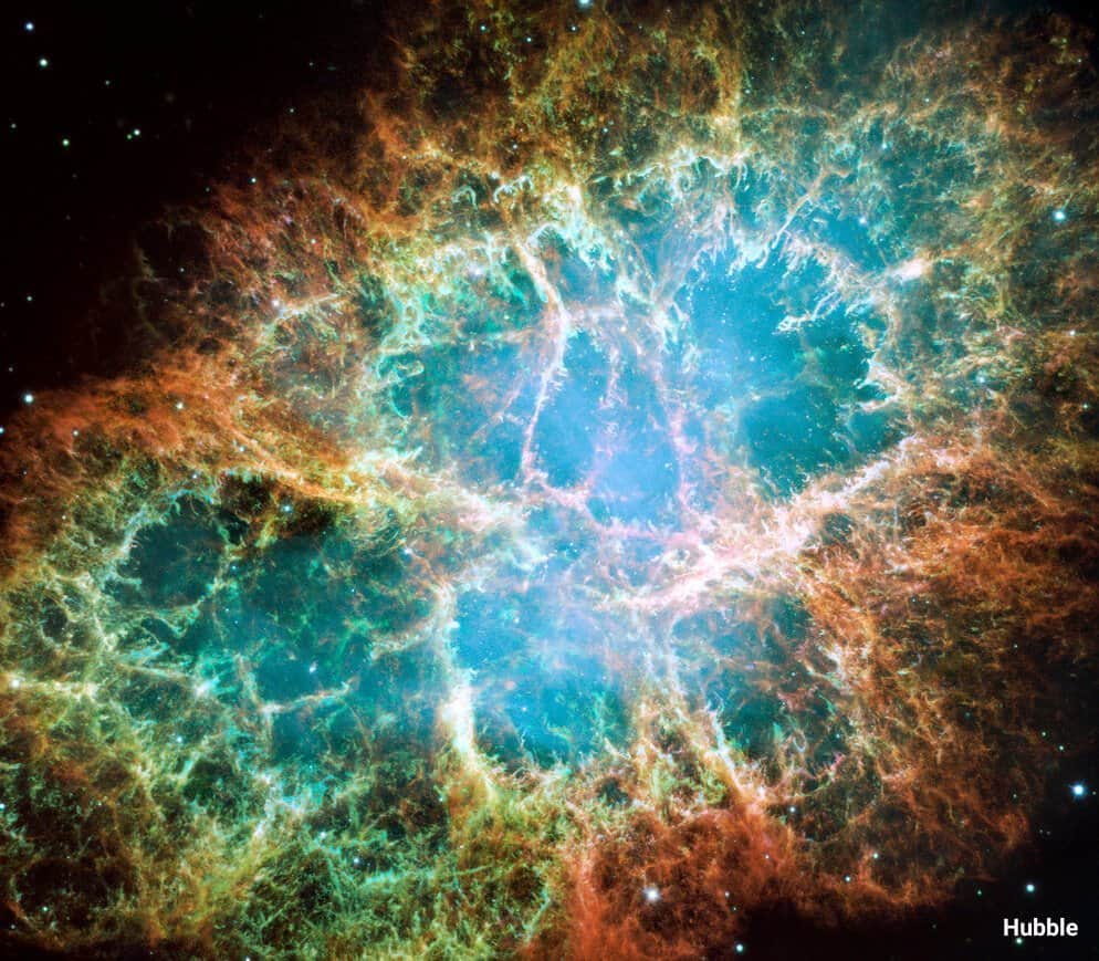NASAさんのインスタグラム写真 - (NASAInstagram)「Crab Nebula? Sounds like a job for Maryland's NASA center! 🦀  @NASAWebb captured this image of the Crab Nebula, about 6,500 light-years away. Webb's infrared view provides new insights into the nebula's origins.   Still feeling crabby? Swipe for @NASAHubble's view of the same space.  Image 1 description:  The Crab Nebula, labeled Webb in small white font. An oval nebula with complex structure against a black background. On the nebula’s exterior, particularly at the top left and bottom left, lie curtains of glowing red and orange fluffy material. Its interior shell shows large-scale loops of mottled filaments of yellow-white and green, studded with clumps and knots. Translucent thin ribbons of smoky white lie within the remnant’s interior, brightest toward its center. The white material follows different directions throughout, including sometimes sharply curving away from certain regions within the remnant. A faint, wispy ring of white material encircles the very center of the nebula. Around and within the supernova remnant are many points of blue, red, and yellow light.  Image 2 description:  The Crab Nebula's complex oval structure lies against a black background, labeled Hubble in tiny white letters. On the nebula’s exterior, particularly at the top left and bottom left, lie curtains of glowing red and orange fluffy material. Interior to this outer shell lie large-scale loops of mottled filaments of yellow-white and green, studded with clumps and knots. The central interior of the nebula glows brightly. Around and within the supernova remnant are many points of blue-white light in the Hubble image.」11月1日 23時27分 - nasagoddard