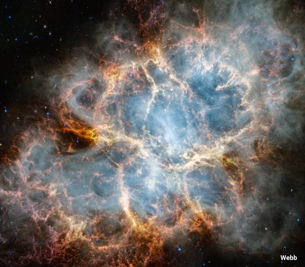 NASAのインスタグラム：「Crab Nebula? Sounds like a job for Maryland's NASA center! 🦀  @NASAWebb captured this image of the Crab Nebula, about 6,500 light-years away. Webb's infrared view provides new insights into the nebula's origins.   Still feeling crabby? Swipe for @NASAHubble's view of the same space.  Image 1 description:  The Crab Nebula, labeled Webb in small white font. An oval nebula with complex structure against a black background. On the nebula’s exterior, particularly at the top left and bottom left, lie curtains of glowing red and orange fluffy material. Its interior shell shows large-scale loops of mottled filaments of yellow-white and green, studded with clumps and knots. Translucent thin ribbons of smoky white lie within the remnant’s interior, brightest toward its center. The white material follows different directions throughout, including sometimes sharply curving away from certain regions within the remnant. A faint, wispy ring of white material encircles the very center of the nebula. Around and within the supernova remnant are many points of blue, red, and yellow light.  Image 2 description:  The Crab Nebula's complex oval structure lies against a black background, labeled Hubble in tiny white letters. On the nebula’s exterior, particularly at the top left and bottom left, lie curtains of glowing red and orange fluffy material. Interior to this outer shell lie large-scale loops of mottled filaments of yellow-white and green, studded with clumps and knots. The central interior of the nebula glows brightly. Around and within the supernova remnant are many points of blue-white light in the Hubble image.」