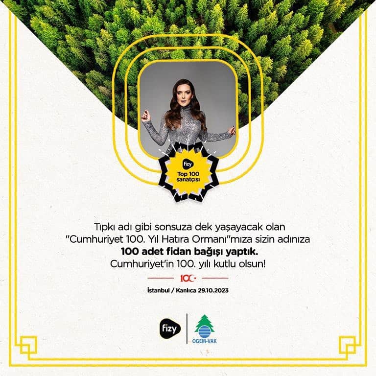 デメット・アカルンのインスタグラム：「Fizy Cumhuriyet’in 100. Yılına özel top 100 listesindeki sanatçılar için her bir sanatçı adına 100’er adet fidan bağışı yaparak İstanbul Kanlıca’da 10.000 ağaçlık Fizy 100. yıl “Cumhuriyet” Hatıra ormanı yapmışlar 🌷🌷🌷1. Sırada olmak ve bu güzel eylem bizi mutlu etti teşekkürler💓🌸🇹🇷  Fizy Tüm Zamanlar Top 100” listesi 💖🥰 @fizyofficial」