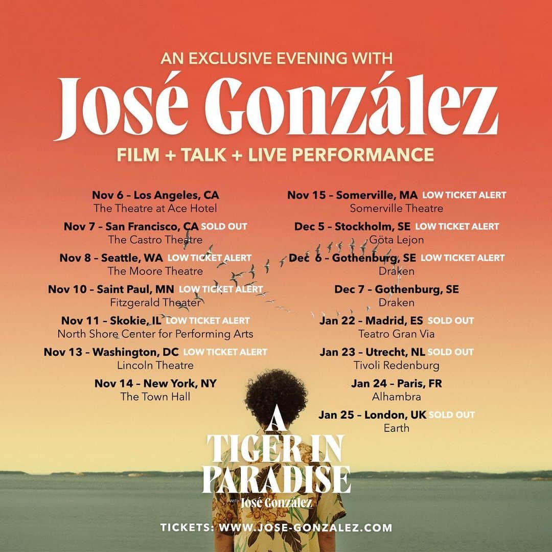 ホセ・ゴンザレスのインスタグラム：「José will be in the US to begin his A Tiger In Paradise film tour on Tuesday November 6. Following each showing, there will be a conversation with José and Director Mikel Karlsson. José will also perform a short set. Last Friday saw the release of the remastered 20th Anniversary Deluxe Edition of Veneer.   Tour tickets and Veneer info at link in bio.」