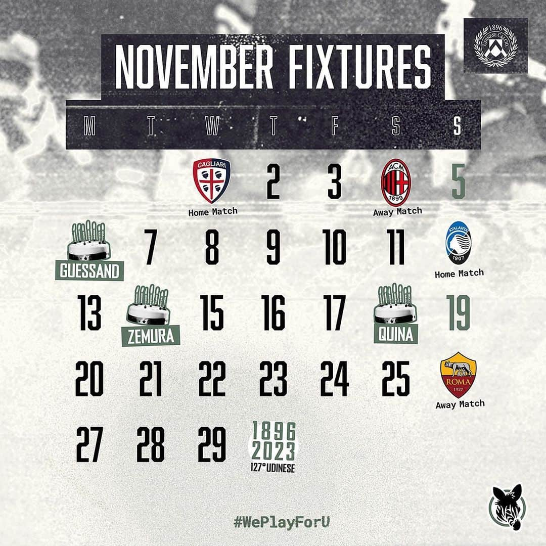 ウディネーゼ・カルチョのインスタグラム：「🗓️ | #AlèUdin  Gli impegni di novembre 💪 Our November fixtures 💪  ⚪️⚫️ #ForzaUdinese #WePlayForU」