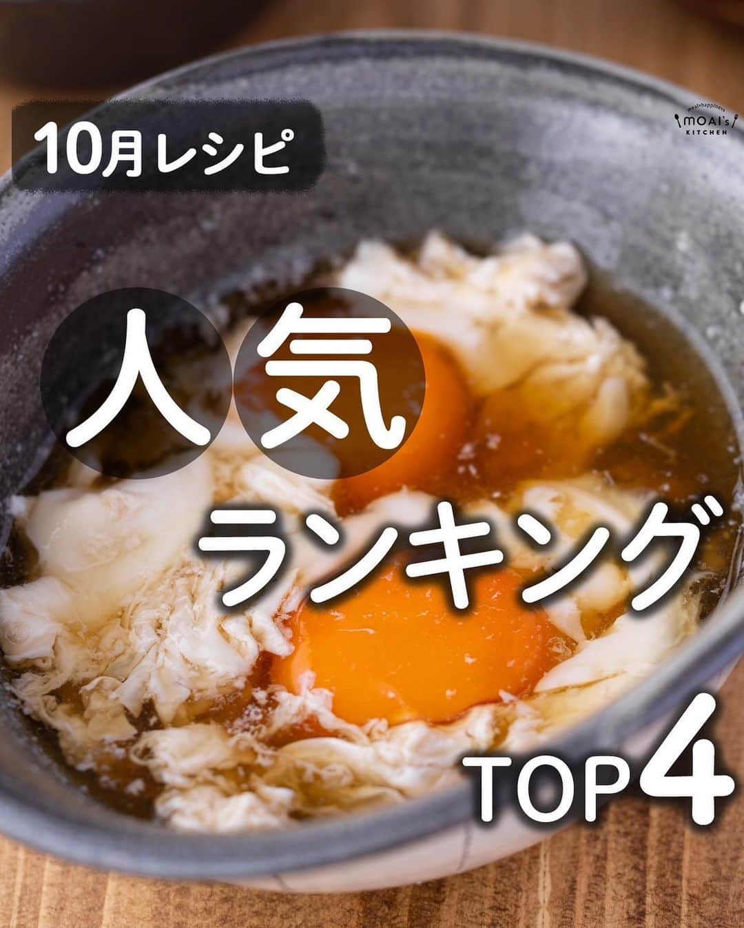 もあいのインスタグラム：「レシピ付き ⋆⸜ 10月人気レシピランキングTOP4 ⸝⋆  コメントでみんなとお話したいです😭💕💕💕 些細なことでもお待ちしてます！  ようこそ٩(^‿^)۶ Ⓜ︎ⓄⒶⒾ🅢ⓀⒾⓉⒸⒽⒺⓃ 𓎩へ こんばんは、もあいです︎ 𓇚  10月もたくさんのいいね・保存ありがとうございました❤ 特に人気だった4つのレシピまとめました！ 11月もたくさんMOAI's KITCHENレシピ作ってください♪ ぜひ試してみてくださいね😊  右上の保存ボタンを押して あとでゆっくり見返してくださいね♡  #働楽ごはん #モアイズキッチン  ♔∴∵∴♔∴∵∴♔∴∵∴♔∴∵∴♔∴∵∴♔∴∵∴♔  ✍︎ recipe① 〰〰〰 ⋆⸜ ご飯が進む煮卵 ⸝⋆ 難易度 ✭✩✩ ≀ ◷ 3分 ≀ ¥ 60円/人  ✿材料(1〜2人分)  ・卵…2個 Aめんつゆ（2倍濃縮）…大4 A砂糖…大1 A水…120ml  ✿作り方  ①小さめの鍋にAを入れて沸かす  ②卵を割り入れ、黄身に出汁をまわし 　かけながら１〜２分お好みの固さに 　なるまで煮る。  ♔∴∵∴♔∴∵∴♔∴∵∴♔∴∵∴♔∴∵∴♔∴∵∴♔  ✍︎ recipe② 〰〰〰〰 ⋆⸜ コンソメポテトウインナー ⸝⋆ 難易度 ✭✭✩ ≀ ◷ 15分 ≀ ¥ 95円/人  ✿材料(2人分)  ・じゃがいも...2個 ・ウインナー...1袋 ・オリーブオイル...適量 Aコンソメ...小1 A塩胡椒...適量 ・パセリ...お好みで  ✿作り方  ①じゃがいもとウインナーは、一口大に切る。  ②耐熱容器にじゃがいもを入れる。 　ふんわりラップをし、レンジで 　６００W４分加熱する。  ③フライパンにオリーブオイルを中火で熱し、 　じゃがいも、ウインナー、Aを入れ 　ウインナーがカリカリになるまで炒める。  ④皿に盛り付け、お好みでパセリをトッピング！  ♔∴∵∴♔∴∵∴♔∴∵∴♔∴∵∴♔∴∵∴♔∴∵∴♔  ✍︎ recipe③ 〰〰〰〰 ⋆⸜ 絶品えのき肉団子スープ ⸝⋆ 難易度 ✭✩✩ ≀ ◷ 15分 ≀ ¥ 200円/人  ✿材料(2人分)  ・豚ひき肉…170g ・えのき…1/2袋 ・レタス…1/2玉 A片栗粉…大1.5 A塩胡椒...適量 B水…650ml Bみりん…大さじ1 B鶏がらスープの素…大1 B塩…少々 ・黒胡椒…お好みで  ✿作り方  ①えのきは石づきを切り、１～２cm幅に切る。 　ポリ袋にえのきと豚ひき肉とAを入れて 　良く練り混ぜる。 ※キッチンバサミでえのきを切ると 　洗い物が少なくなるよ！  ②鍋にBを入れて火にかけ、 　沸いてきたら弱火にして、 　①を団子状に丸めながら加え 　全部入れたら中火にして煮る。  ③豚団子が浮いてきたら、 　一口大にちぎったレタスを入れて 　ひと煮たちしたら出来上がり！ ⁡　お好みで黒胡椒を振る。  ♔∴∵∴♔∴∵∴♔∴∵∴♔∴∵∴♔∴∵∴♔∴∵∴♔  ✍︎ recipe④ 〰〰〰〰 ⋆⸜ ピリ辛キムたまうどん ⸝⋆ 難易度 ✭✩✩ ≀ ◷ 10分 ≀ ¥ 123円/人  ✿材料(1人分)  ・冷凍餃子…3個 ・冷凍うどん...1玉 ・キムチ…50g ・卵…1個 A鶏ガラスープの素…大1/2 A味噌…大1/2 A水…300ml ・片栗粉…小1 ・青ネギ…適量  ✿作り方  ①鍋にAを加えて、沸騰したら 　冷凍餃子と冷凍うどんとキムチ加えて 　中火で５分煮込む。  ②弱火にして水溶き片栗粉を加えて 　とろみをつける。  ③強火にして、溶き卵を少しずつ 　流し入れ、ふわっとかき混ぜる。 ※お好みで青ネギをトッピング！  ♔∴∵∴♔∴∵∴♔∴∵∴♔∴∵∴♔∴∵∴♔∴∵∴♔」