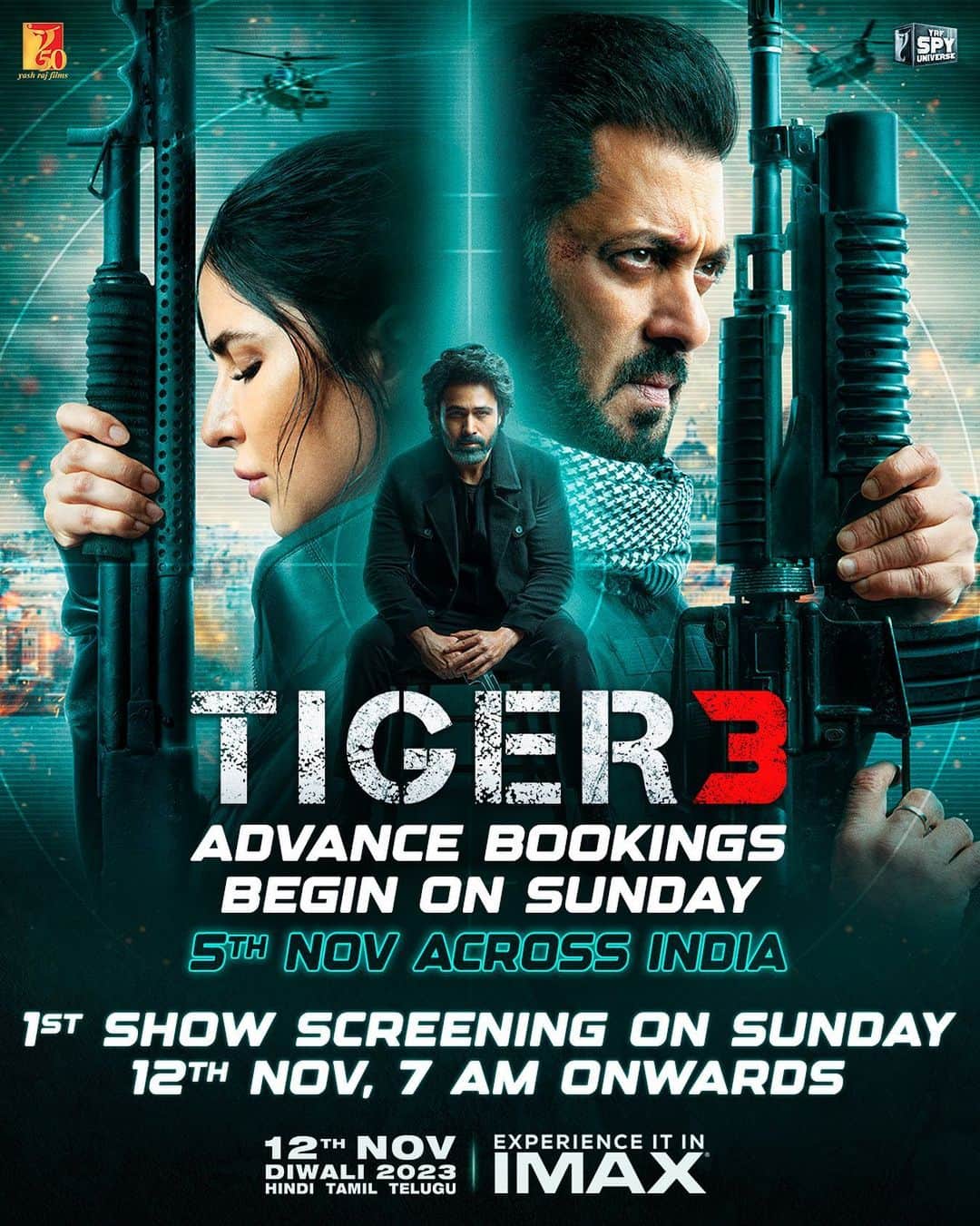 サルマン・カーンのインスタグラム：「#Tiger3 Advance Bookings open on this Sunday, 5th Nov. See you in cinemas on Sunday, 12th Nov, 7 AM onwards! Releasing in Hindi, Tamil & Telugu.  @katrinakaif | @therealemraan | #ManeeshSharma | @yrf | #YRF50 | #YRFSpyUniverse | @imax | @cgv_korea | @dboxtech | @pvrcinemas_official | @cgrcinemas | @4d_emotion」