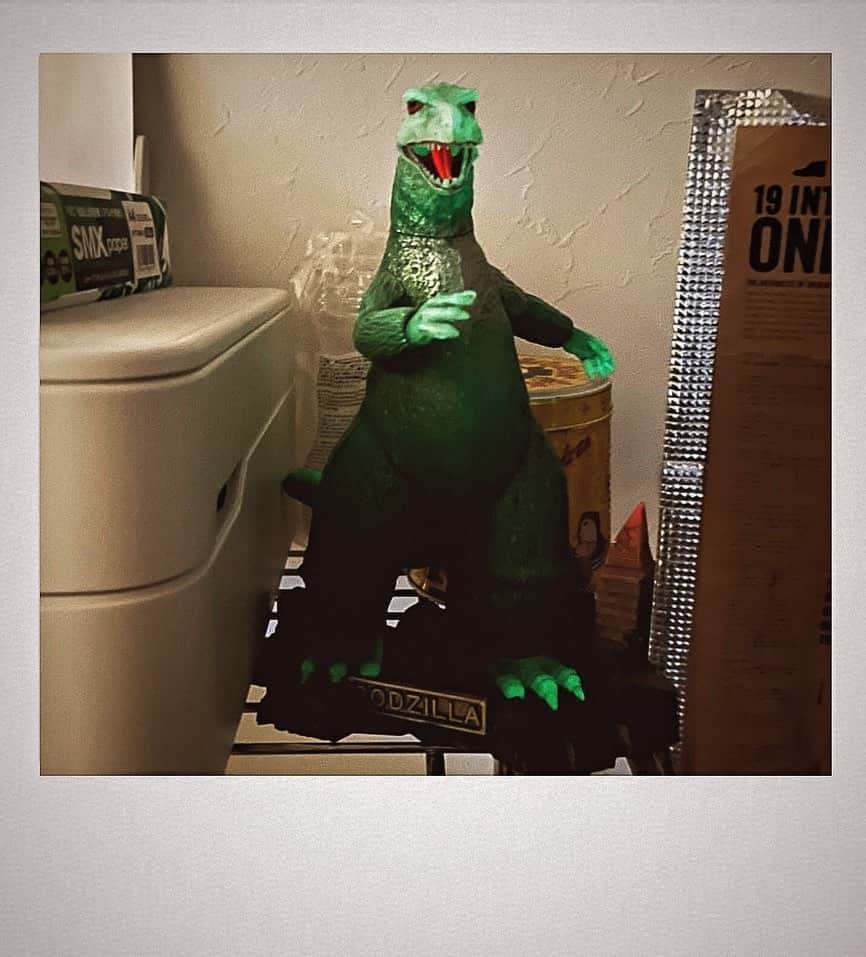 かせきさいだぁのインスタグラム：「アトリエの電気消したら、オーロラのGODZILLAのプラモが光っていて（蓄光）超〜カワイイ❤️」