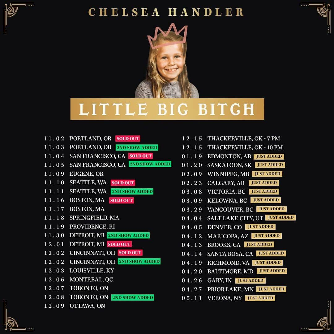 チェルシー・ハンドラーのインスタグラム：「Minnesota! Pre-Sale tickets are on-sale now for my show at Prior Lake on April 27th. Use code LITTLE for tickets.」