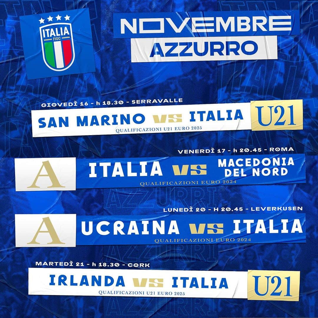 サッカーイタリア代表のインスタグラム：「🗓️ I prossimi impegni di #Nazionale e #Under21 🇮🇹  🗓️ Fixtures in November for our First Team and U21 🇮🇹  #Azzurri #Azzurrini #VivoAzzurro」