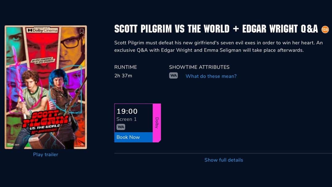エドガー・ライトのインスタグラム：「THIS IS NOW SOLD OUT. But do check for returns.  Don't miss this before it sells out. Last minute #ScottPilgrimVsTheWorld Q&A with me interviewed by @emmmaseligman, ace director of Shiva Baby & Bottoms. This Sunday 7pm Odeon West End in pulse pounding Dolby Cinema. Tix in bio!」