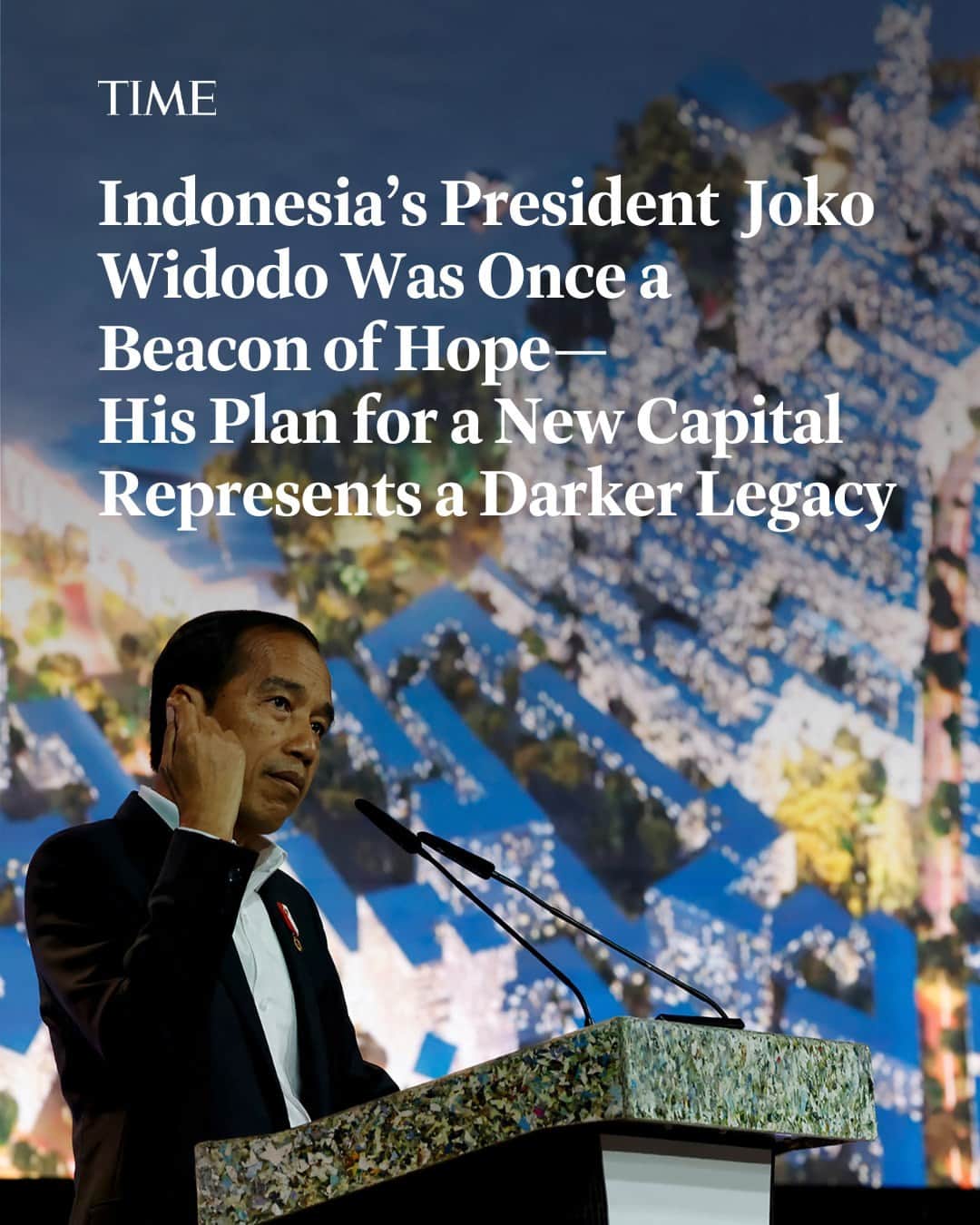 TIME Magazineのインスタグラム：「When Joko Widodo, popularly as Jokowi, was sworn in as Indonesia’s seventh President in 2014, optimism surrounding the state of democracy in the country seemed at its peak.   At a time when dynasties traditionally dominated Indonesia’s political arena, the ascension of Jokowi, who was a carpenter and furniture businessman before becoming the governor of Jakarta, was hailed as a beacon of hope.   But as the curtains fall on Jokowi’s decade of rule, he may be remembered more for ushering in a new era of democratic decline. Even his capstone initiative, what was meant to be a sprawling monument to his legacy—the development of a new capital called Nusantara, to replace the existing capital in Jakarta beginning as soon as next year—looks to embody such a backsliding.  At the link in bio learn Widodo's plan for a new capital is a monument to the country's democratic decline.  Photograph by Edgar Su—Reuters」