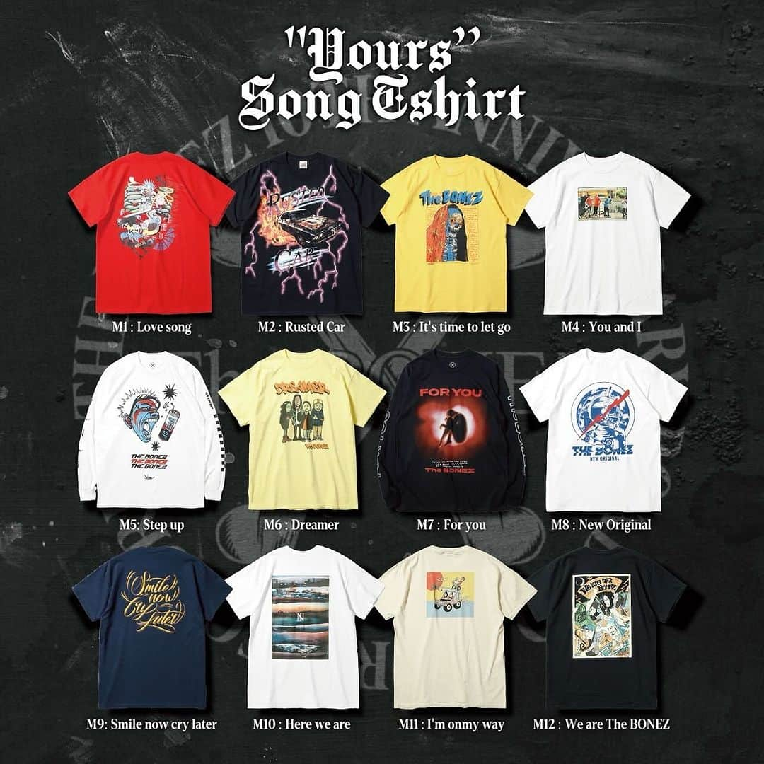 The BONEZのインスタグラム：「【Tour Goods info】 今ツアーもALBUM「Yours」の楽曲タイトルをモチーフにした、全12曲のTシャツを販売！ なお、会場毎にアイテムは異なります。  遂に‼︎ ・Rusted Car-Tee が登場‼︎  #thebonez #骨から気合い」