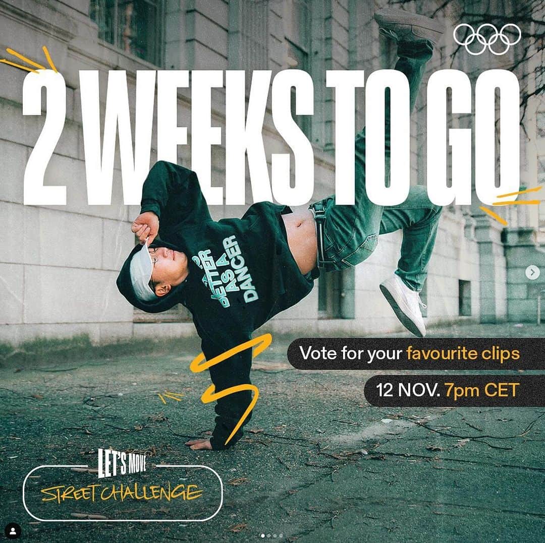 大野愛地のインスタグラム：「2 weeks to go for the #streetchallenge voting at @olympics   🔗 link in bio, go vote for your fan favorites! 🏅   1) @spinboyaichi 🇯🇵   2) @bboy_zaza 🇸🇳   3) @bgirljuju 🇫🇷   4) @mikhailnavinpinho 🇵🇰   5) @bboymascot 🇧🇷」