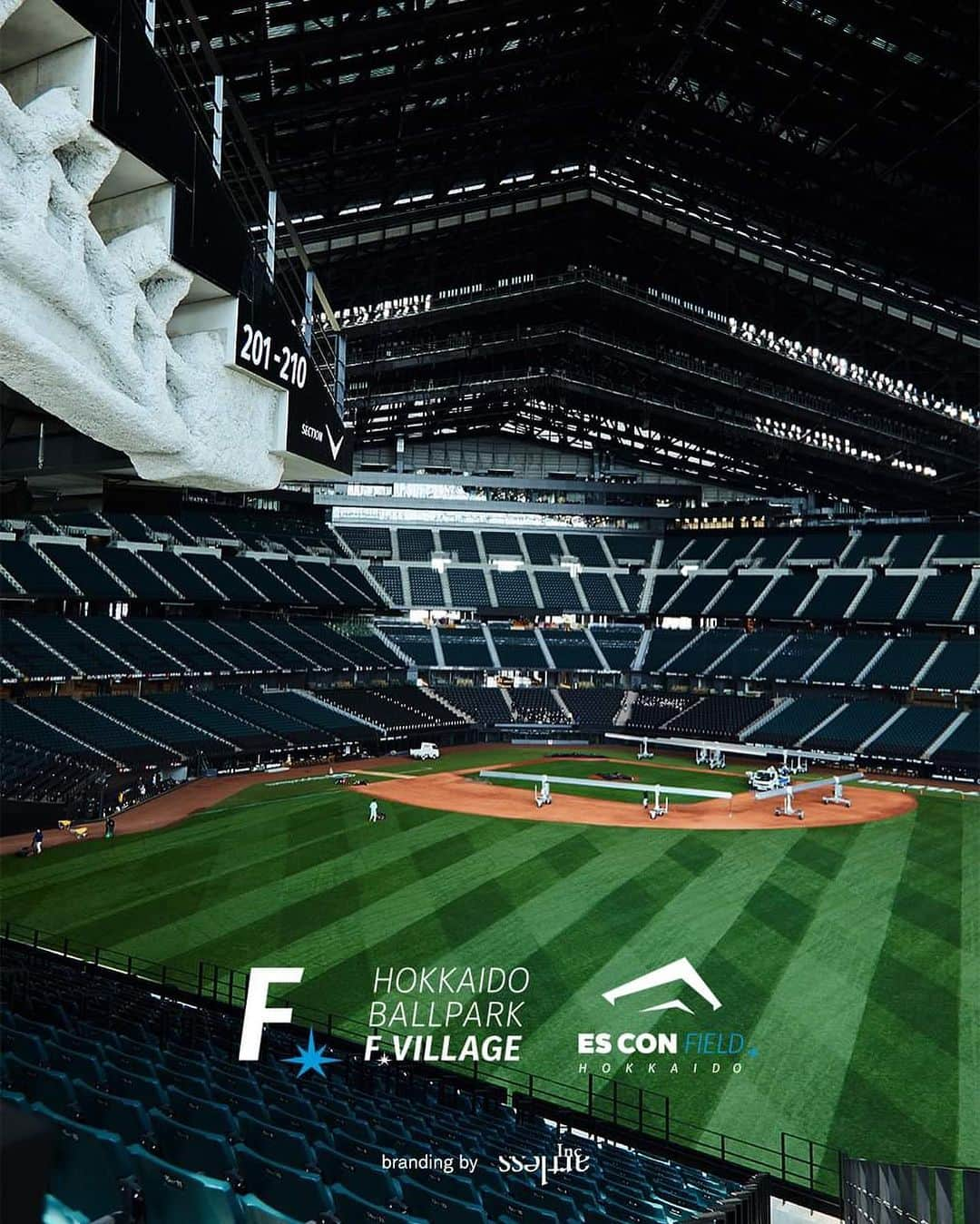 川上俊のインスタグラム：「Brand design : HOKKAIDO BALLPARK F VILLAGE &  Escon Field Stadium Logo, V.I., Sign Design by artless Inc. / dentsu / obayashi / nomurakogeisha ー  Branding ＆ brand design project about Hokkaido Ballpark @fvillage_official has been added to the artless Inc. ( www.artless.co.jp ) website, together with Dentsu's creative director Sakaki. We are doing brand design. In a sense, this was a rare mass-market project, but from the logo and VI to the signage design, I think we landed on a high level with a consistent brand design using typography and brand colours. I also feel that being involved in a project of this scale has broadened my vision of what I want to do in the future.  北海道ボールパークについてのブランディング／ブランドデザインプロジェクトについてをartless Inc. ( www.artless.co.jp ) ウェブサイトの追加しました。Dentsu のクリエイティブディレクターの榊くん @ryosuke_sakaki とともにブランドデザインを行っています。ある意味、めずらしくマスに向けたプロジェクトでしたが、ロゴとVIからサインデザイン まで、タイポグラフィとブランドカラーによる一貫性のあるブランドデザインの着地はある高いレベルで出来ているんじゃないかと思っています。また、この規模のプロジェクトに関わらせてもらったことで見えてきたこと、やりたいことの未来像も拡がったと感じています。　  @shunkawakami  #shunkawakami  #artlessinc」