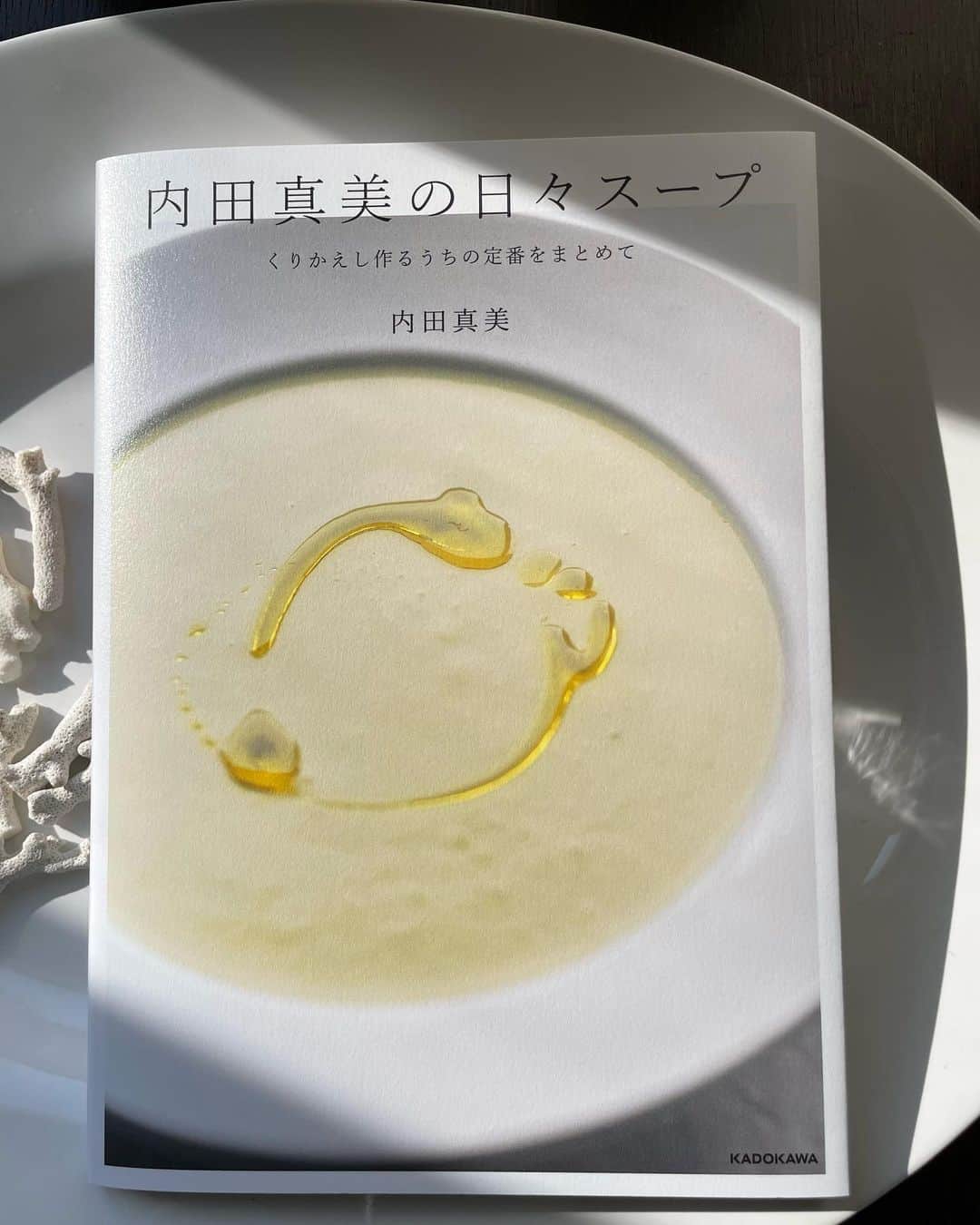 内田真美のインスタグラム：「. 「内田真美の日々スープ」  KADOKAWA刊 写真　吉田歩　さん デザイン　渡部浩美　さん 本日発売となりました。 Amazon等、発売となっております。  「体に火が灯るね。」 秋冬の頃、スープが喉元を過ぎ体の芯に届くと幾度となくわが家で交わされる言葉です。 何しろスープが好きなわが家では、自宅の食卓はもちろんのこと、旅先のメニューでも真っ先に広げて確認する項目です。子供が小さい頃から親しんできたポタージュにはじまり、各国での感嘆したスープに、日常に寄り添うような季節のスープ。 共に生活の中で繰り返し作り続けたスープです。  食材を刻み、水と合わせ、火にかける。 鍋の中で食材と水だったのものが料理としてそこに現れる。 その液体は、体を温め、身も心も潤してくれる。 そして、その日少しだけ多めに作ったスープは、明日の私を助けてくれる。 子供の成長の傍にはスープがあり、私も年を重ねてここ数年、スープに心身ともに助けられているように強く感じています。今の生活様式を考えると、スープはきっと老若男女すべての人にとって自分を労り助けてくれるものであるはずと思います。 ひとまず、季節の食材を刻み、水とともに火にかけてみて下さい。  本文中のレシピは、ほぼ30分程で煮上がるレシピばかりです。大きな骨付きのお肉でじっくりと煮るスープは週末に、30分程で煮上がるスープは平日に。生活のスタイルに合わせてレシピを選んでみて下さい。 あたたかなスープは私を今日も明日も助けてくれる心強い料理になると思います。  そのスープに合わせてセイボリークイックブレッドもご紹介しています。 焼き立てはご馳走だと思います。 セイボリー（塩味）のクイックブレッドは、発酵の待ち時間もなく気軽に作れるところが良点。 平日には難しいかもしれませんが、休日のブランチや朝食に作り、また多めに焼いておいて平日のお供にも。 好きな具材を入れられるのも嬉しいものです。 作り慣れていった先に、ご自分の日常の新しいメニューのひとつになれば幸いです。」