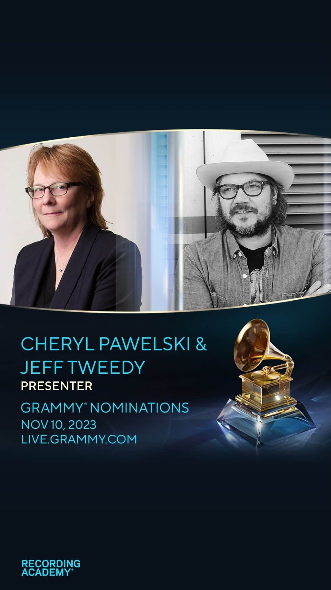 The GRAMMYsのインスタグラム：「GRAMMY nominations just keep getting better! ✨   🎶 Join #JeffTweedy and #CherylPawelski at 7:45 AM PT / 10:45 AM ET on November 10th, on live.GRAMMY.com, as they help us unveil #GRAMMYs nominations.」