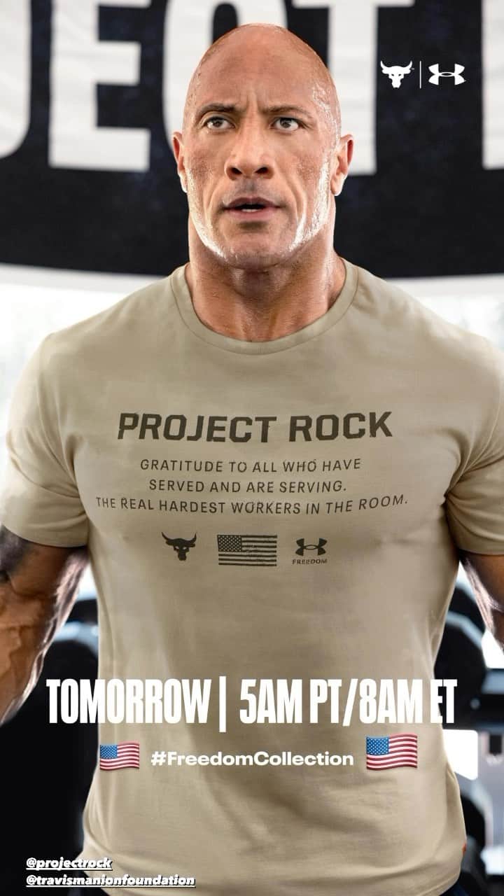 ドウェイン・ジョンソンのインスタグラム：「TOMORROW 5AM PT / 8AM PT   #FreedomCollection 🦅   Our collection proudly supports @travismanionfoundation and their work to empower veterans and families of our fallen 🇺🇸  @projectrock  @underarmour」