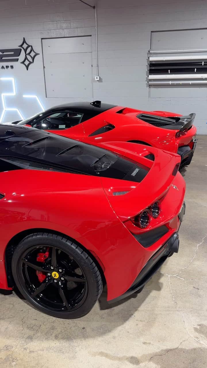 CARLiFESTYLEのインスタグラム：「My Ferrari people guess the 2 different RED’s @412motorsport #412motorsport @ferrari #sf90 #f8tributo #ferrari 🍷♥️ 412 Casa Di Ferrari 🇮🇹   @ryft.co oem style carbon fiber @stek.usa PAINT PROTECTION FILM #ppf #paintprotectionfilm」