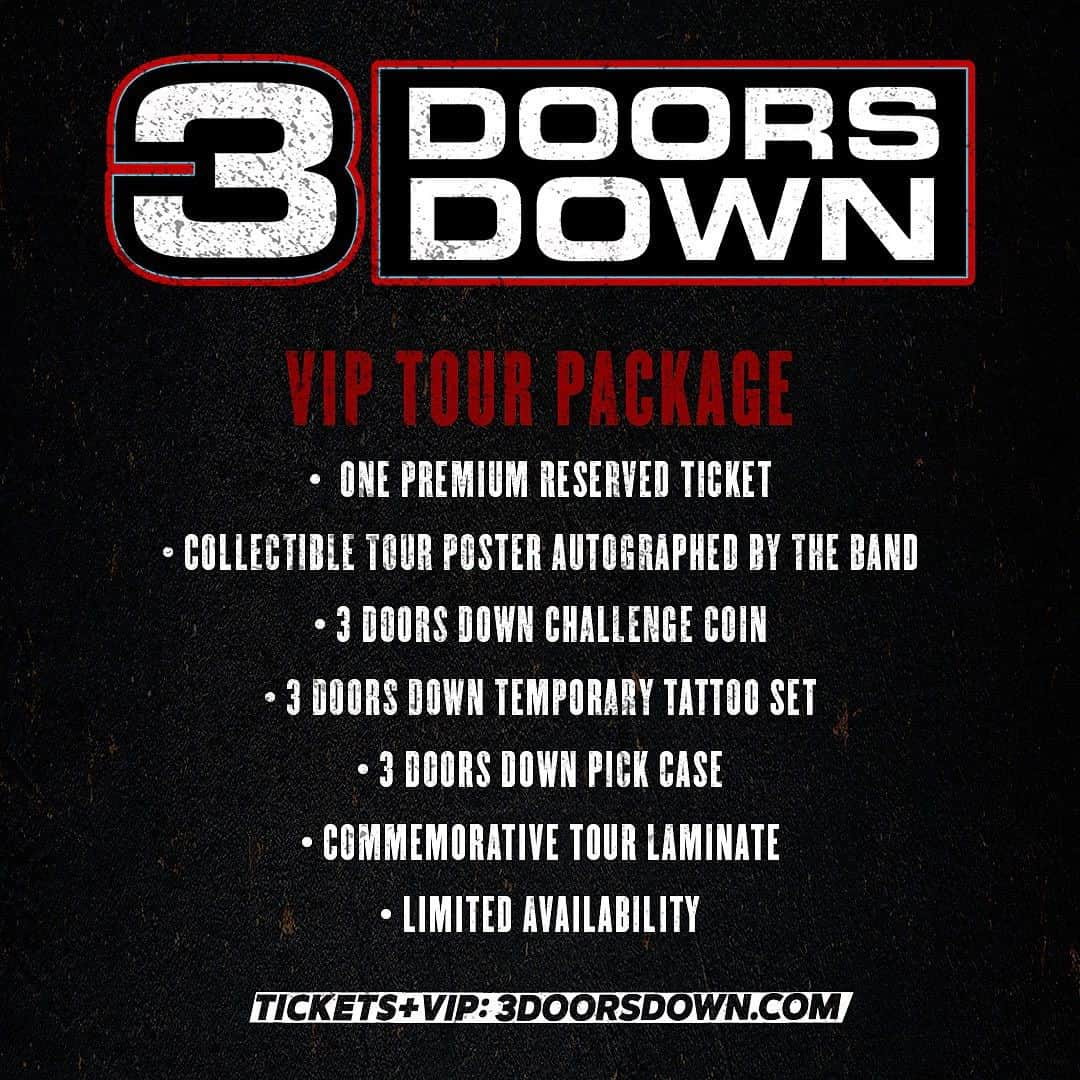 3 Doors Downさんのインスタグラム写真 - (3 Doors DownInstagram)「Wanna go to the Summer of ’99 Tour in VIP style? Choose between the Front Row package or the VIP Tour package on select dates and let’s rock! General tickets on-sale Friday 11/3 at 10am local venue time. 3doorsdown.com  7/24 - Charlotte, NC 7/26 - Bristow, VA 7/27 - Virginia Beach, VA 7/31 - Detroit, MI 8/2 - Cincinnati, OH  8/3 - Burgettstown, PA 8/7 - Holmdel, NJ 8/9 - St. Louis, MO 8/10 - Indianapolis, IN 8/14 - Pelham, AL 8/16 - Tinley Park, IL 8/17 - Welch, MN 8/21 - Boston, MA 8/23 - Hershey, PA 8/24 - Saratoga Springs, NY 8/31 - San Bernardino, CA 9/1 - Wheatland, CA 9/4 - Phoenix, AZ 9/6 - Salt Lake City, UT 9/7 - Denver, CO 9/11 - Dallas. TX 9/13 - San Antonio, TX 9/14 - Houston, TX 9/18 - Raleigh, NC 9/20 - Tampa, FL 9/21 - West Palm Beach, FL  9/25 - Alpharetta, GA 9/27 - Darien Lake, NY 9/28 - Atlantic City, NJ」11月2日 1時34分 - 3doorsdown