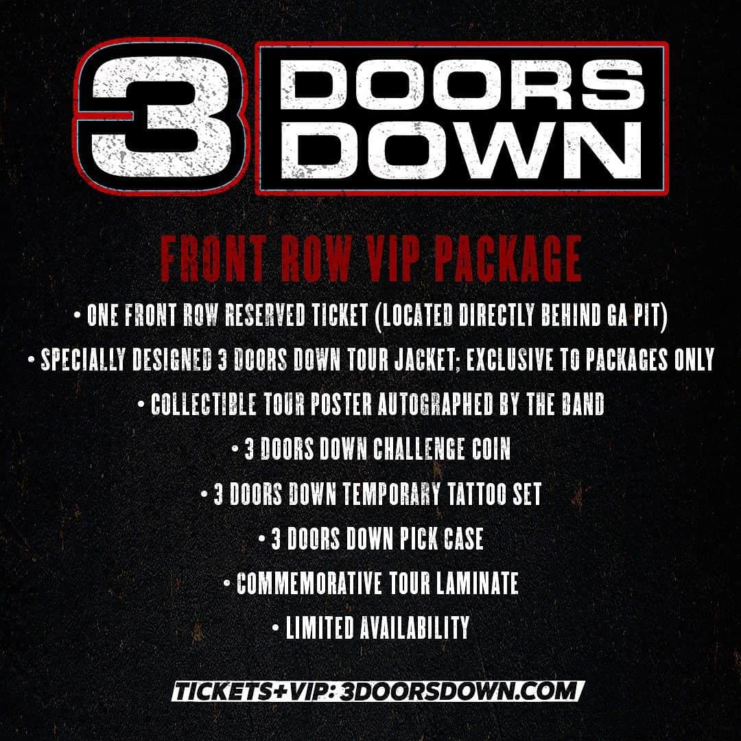 3 Doors Downさんのインスタグラム写真 - (3 Doors DownInstagram)「Wanna go to the Summer of ’99 Tour in VIP style? Choose between the Front Row package or the VIP Tour package on select dates and let’s rock! General tickets on-sale Friday 11/3 at 10am local venue time. 3doorsdown.com  7/24 - Charlotte, NC 7/26 - Bristow, VA 7/27 - Virginia Beach, VA 7/31 - Detroit, MI 8/2 - Cincinnati, OH  8/3 - Burgettstown, PA 8/7 - Holmdel, NJ 8/9 - St. Louis, MO 8/10 - Indianapolis, IN 8/14 - Pelham, AL 8/16 - Tinley Park, IL 8/17 - Welch, MN 8/21 - Boston, MA 8/23 - Hershey, PA 8/24 - Saratoga Springs, NY 8/31 - San Bernardino, CA 9/1 - Wheatland, CA 9/4 - Phoenix, AZ 9/6 - Salt Lake City, UT 9/7 - Denver, CO 9/11 - Dallas. TX 9/13 - San Antonio, TX 9/14 - Houston, TX 9/18 - Raleigh, NC 9/20 - Tampa, FL 9/21 - West Palm Beach, FL  9/25 - Alpharetta, GA 9/27 - Darien Lake, NY 9/28 - Atlantic City, NJ」11月2日 1時34分 - 3doorsdown