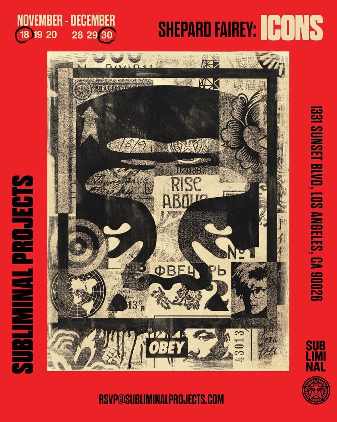 Shepard Faireyのインスタグラム：「@subliminalprojects is pleased to present ICONS, an exhibition by gallery founder Shepard Fairey (@obeygiant). The exhibition will debut a new series and method of hand-embellished “mono-engravings,” as well as screen prints on wood and metal, hand-painted multiples (HPMs), and modular works focused around Fairey’s career-long investigation into iconography and phenomenology.⁠ ⁠ Fairey’s fascination with symbology is rooted in his intrinsic interest in skateboarding, and punk rock, whose branding and use of imagery made a statement by reducing images to their most potent essence. As a young art student and street artist, he drew and designed bold and minimal imagery, which easily translated to the streets - his primary domain. Fairey understood that using identifiable symbols rendered in his unique style was the best way to communicate ideas effectively and memorably. Illustrations of creative and political individuals who have both subjectively and objectively become icons for their profound contributions to culture became another consistent facet of Fairey’s practice. Whether he’s amplifying his heroes or critiquing villains of the socio-political landscape, Fairey continues to explore the concept of what makes an icon and the many layers it can take on.⁠ ⁠ Join us on Saturday, November 18th, 7-10 PM for the opening reception. Email: RSVP@subliminalprojects.com to attend the opening reception.」