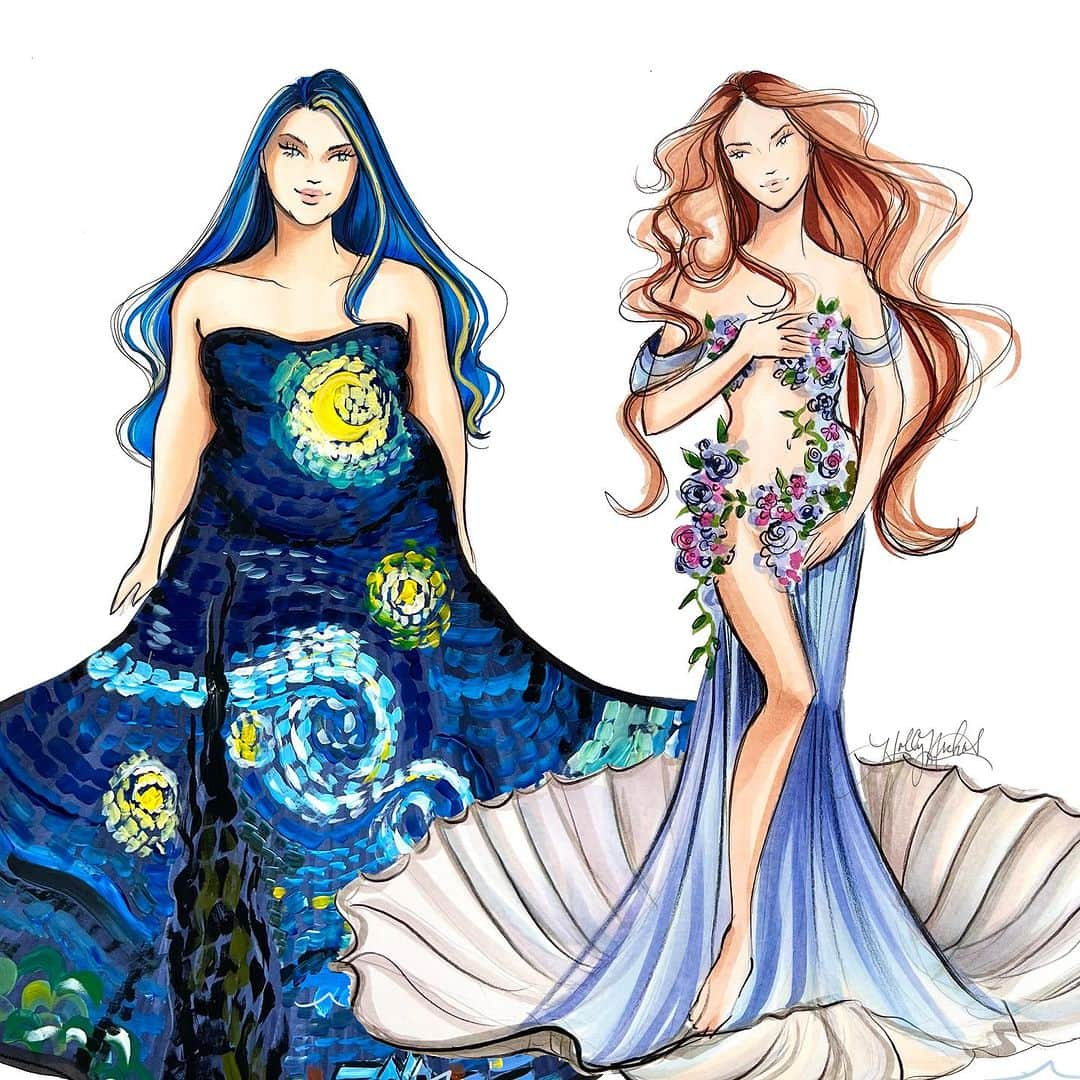 Holly Nicholsのインスタグラム：「Museum ladies 💕🎨 #starrynight #venus #venere #botticelli #vangogh #fashionillustration #fashiondesign」