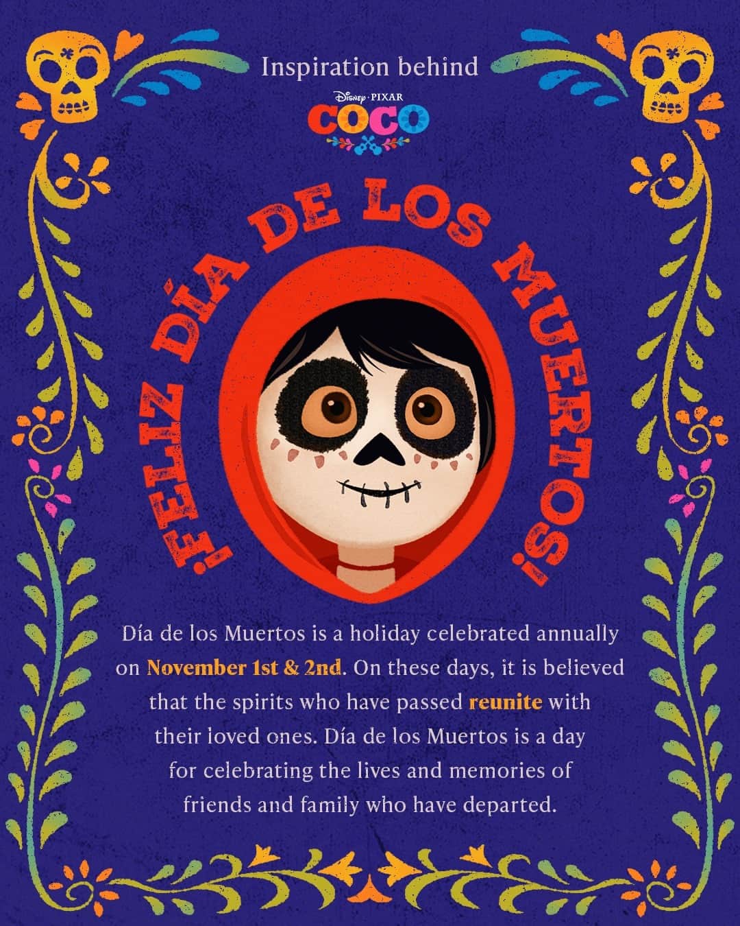Disney Pixarのインスタグラム：「¡Feliz Día de los Muertos! Celebrate and learn about the beautiful cultural elements that helped bring Coco to life. 💀🌼🧡」
