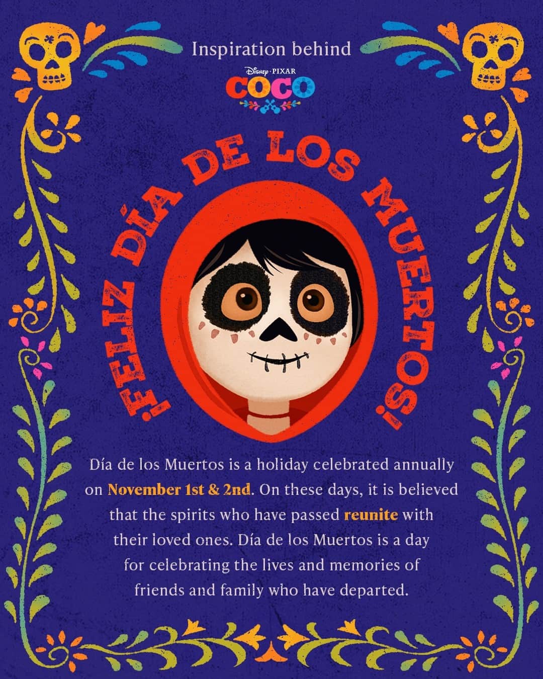 のインスタグラム：「¡Feliz Día de los Muertos! Celebrate and learn about the beautiful cultural elements that helped bring Coco to life. 💀🌼🧡」