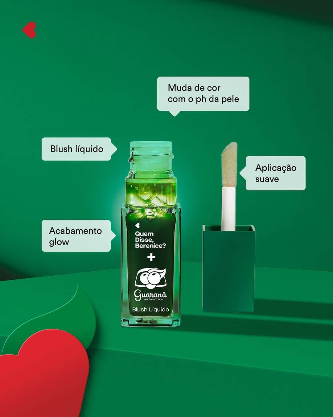 quem disse, berenice?のインスタグラム：「brasileiro gosta de uma invenção, né? por isso, eu e @guaranaantarctica fizemos um blush verde, com cheirinho* inspirado no refri mais amado do BR, mas quando aplicado na sua bochecha vai ficar uma cor única! isso porque ele reage segundo o ph da sua pele, ficou curiosa? vem experimentar 🤭  #QDBGuarana  *Cheirinho inspirado no Guaraná Antarctica  #PraTodosVerem: post com fundo verde e o blush líquido da collab no centro. ao redor do produto temos vários balõezinhos com os seguintes textos: “Muda de cor com o ph da pele”; “Aplicação suave”; “Blush Líquido”; “Acabamento Glow”. Fim da descrição.」