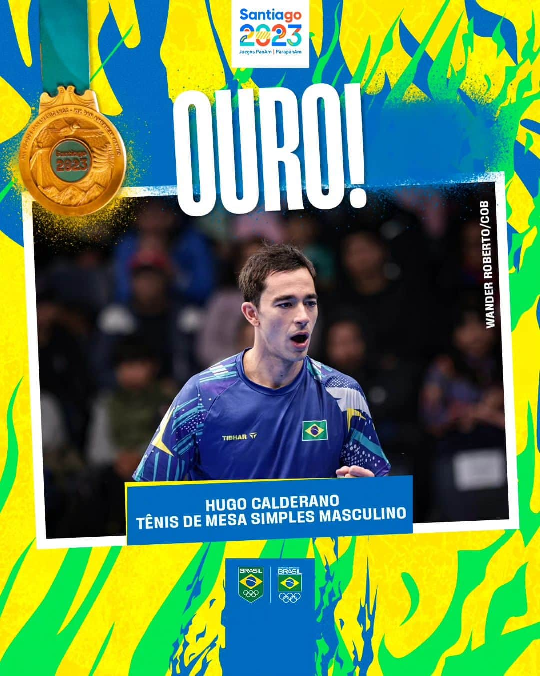 ウーゴ・カルデラノのインスタグラム：「QUE ORGULHO DO MEU TÊNIS DE MESA! 🏓  Hugo Calderano é 🥇 no simples masculino e se torna o maior campeão da história do tênis de mesa em Jogos Pan-americanos!  Bruna Takahashi é 🥈 no simples feminino e conquista mais uma medalha para o Time Brasil em Santiago 2023!  Tênis de mesa no Pan? Certeza de medalha para o 🇧🇷  E ainda tem disputa por equipes vindo aí...  ▶️: YouTube.com/TimeBrasil 📺: canalolimpicodobrasil.com.br  #TimeBrasil #TimeBrasilEmSantiago #Santiago2023 #TênisDeMesa」