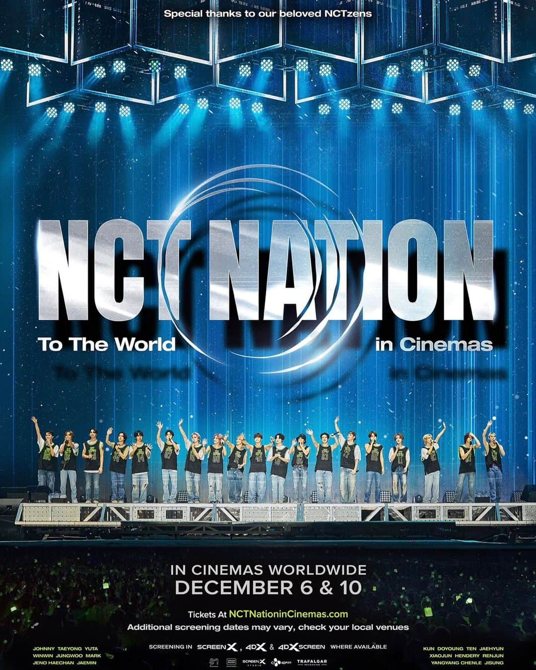 NCTのインスタグラム：「NCT NATION : To The World in Cinemas  【NCT ON THE BIG SCREEN】 ➫ In cinemas starting from Dec 6 SCREENING IN ScreenX, 4DX, & 4DXScreen where available  🎬 Tickets on sale  Nov 9 (8am KST)  Nov 8 (6pm ET, 11pm GMT)  📨 More Info  KR - CGV 공개예정 INTL - www.nctnationincinemas.com JP - www.nctnationincinemas.jp  #NCT #NCT127 #NCTDREAM #WayV #NCT_DOJAEJUNG #NCT_NATION #NCT_NATION_ToTheWorld #NCT_In_Cinemas #엔시티네이션인시네마」