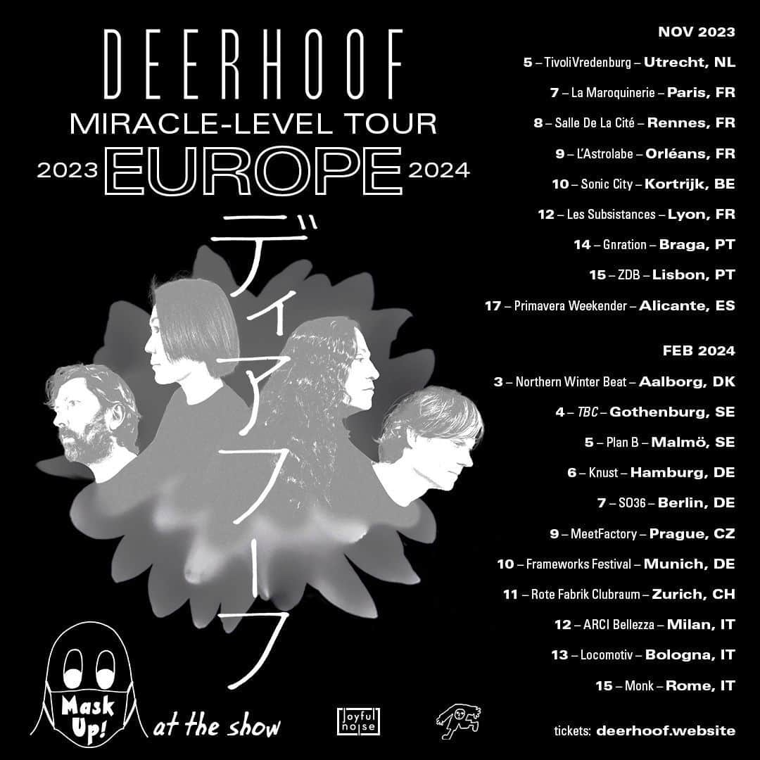 ディアフーフのインスタグラム：「We're coming to Europe next week! Full tourdate list at deerhoof.website So that immunocompromised fans can attend, and so that we don't get sick and have to cancel the tour, we ask everyone to wear masks to the indoor shows. Thank you/Bedankt/Merci/Gracias/Obrigado!」