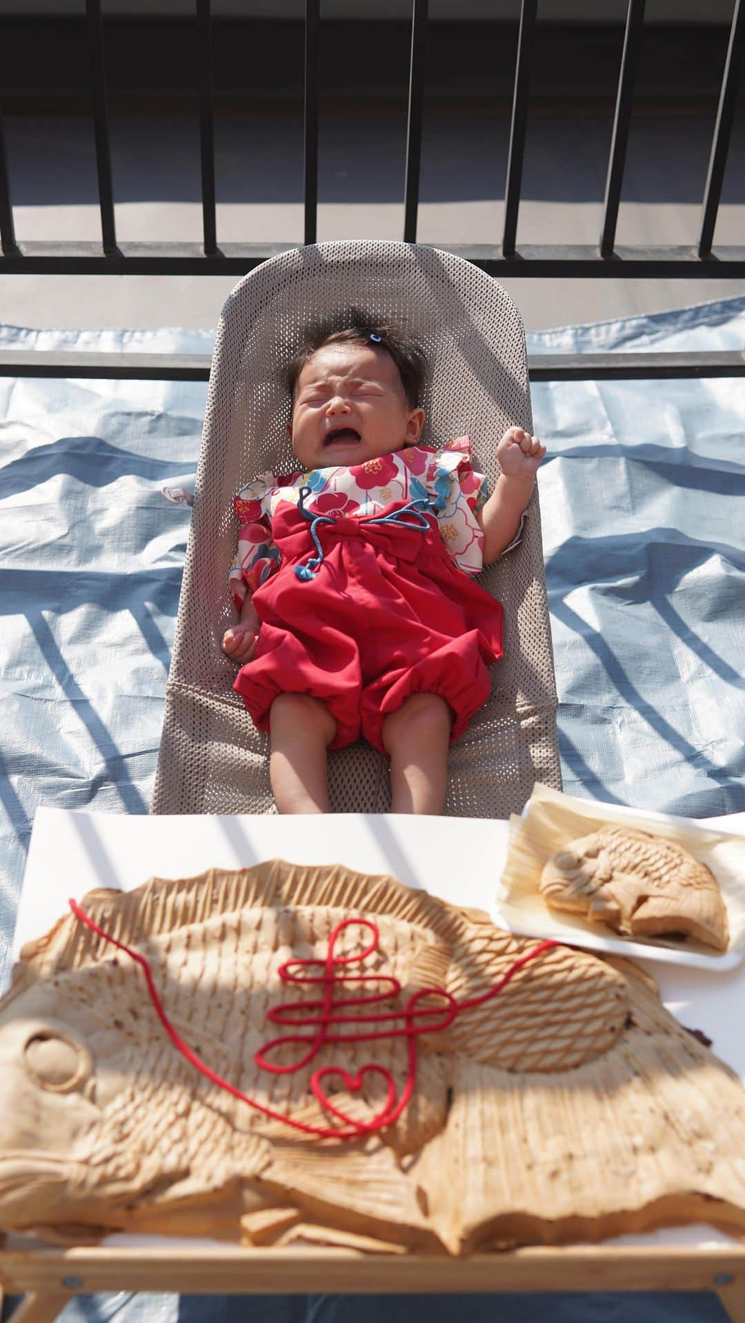 古賀あかねのインスタグラム：「生後100日のお食い初めは 【60cmのジャンボたい焼き】にしたよ🐟  👶🏽と並ぶとでかいのが伝わるかな🤣 途中で泣いてるのもいい思い出になった😂👏🏽  📷は @akira.photographer さんにお願いしたよ！ たくさんいい写真とってくれてありがとう🥹🙏🏽  みんなでカットして食べたけどものすごい量だった🤣  普通のお食い初めじゃないけど 親たちも受け入れて楽しんでくれてよかった😂👏🏽 👶🏽も付き合ってくれてありがとう。笑  #おくいぞめ #お食い初め #お食い初めコーデ #お食い初めフォト #生後100日 #お食い初め膳 #100日祝い  #お食い初めメニュー #お食い初め料理 #お食い初め写真 #巨大たいやき #あかちゃんのいる生活 #3ヵ月ベビー」