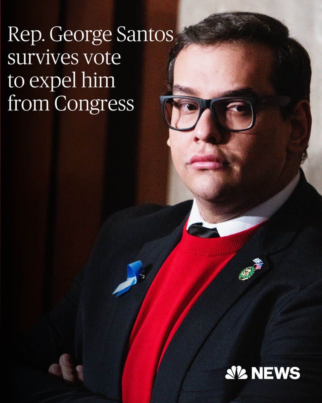 NBC Newsのインスタグラム：「Rep. George Santos, the embattled New York Republican who admitted to lying about his background and has been indicted on federal fraud charges, survives a bipartisan effort to expel him from the House of Representatives.   Click the link in our bio to read more.」