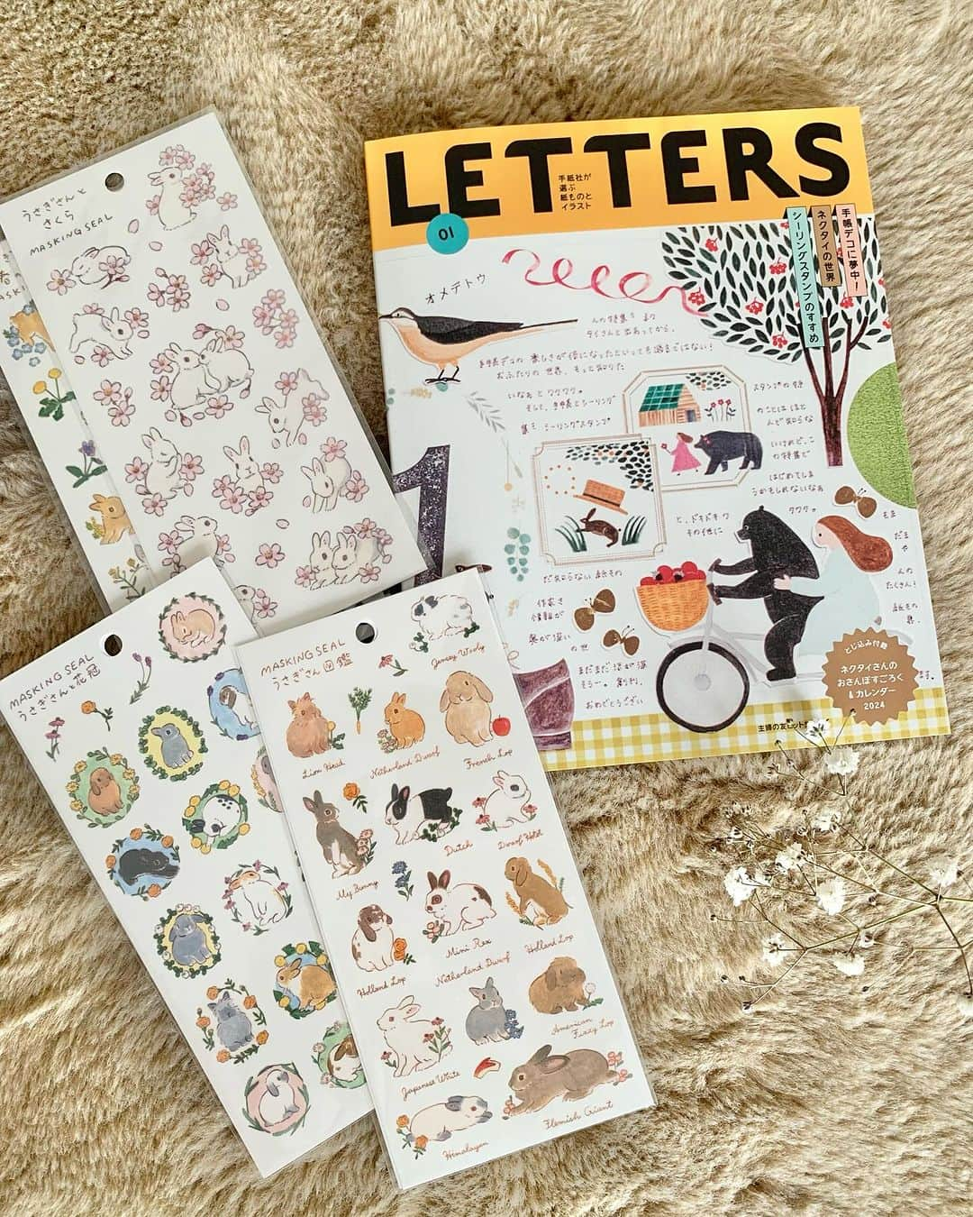 森山標子(しなこ)/Schinakoのインスタグラム：「手紙社さん @tegamisha の新雑誌「LETTERS」に、去年発売された「うさぎさんとさくら」のシールが掲載されています🐇（シールはアクティブコーポレーションさんから @active_corporation ）  LETTERS掲載を記念して、アクティブコーポレーションさんのオンラインショップでもうすぐ新商品の先行発売があります💐🐇 🐇シール 💐ポップアップカード 🌠ポストカード  詳しくは11/7（火）にアクティブコーポレーションSNSにてお知らせがあります😌」