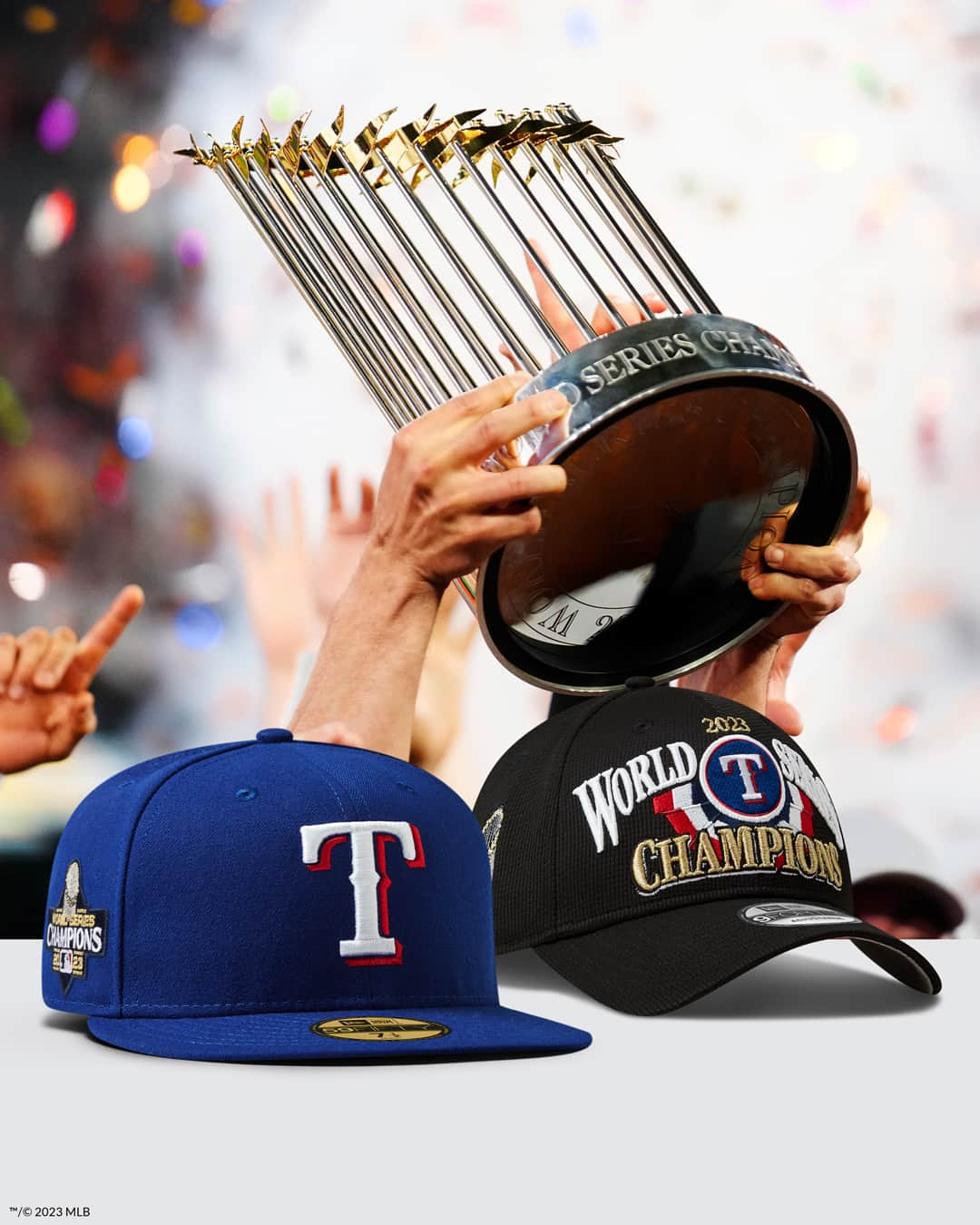 ニューエラ・キャップのインスタグラム：「The @rangers have brought the Commissioner’s Trophy home for the first time. Celebrate with the Official Cap of the Major League Baseball World Series.」