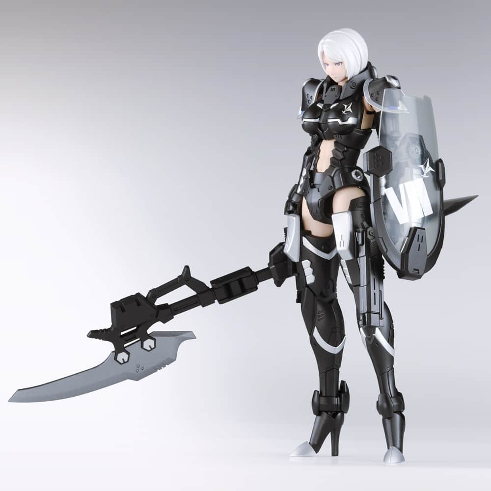 株式会社 壽屋 コトブキヤのインスタグラム：「The second model kit in the action figure line of TITANOMACHIA is the female exosuit, STRATO HOUND!  TITANOMACHIA is an original plastic model kit series by famed modeler, designer, and producer NAOKI.  The SIDE:ES (EXOSKELETON) line of the series features 1/12 scale male and female armored exoskeleton suits.   The next kit to join this line is the long-awaited female exoskeleton suit, STRATO HOUND!  Model Specifications: ・Utilizing his experience as a modeler, NAOKI produces both a sleek model design and an excellent action figure. This model includes various features such as sliding thigh armor and independently articulated shoulder armor that allow the arms to move freely. Users are able to recreate graceful and dynamic poses that highlight the model’s tall and slender proportions. ・The 3mm hard points on the body allows for customization with parts from the TITANOMACHIA series, M.S.G series, and other original plastic model kit series by Kotobukiya. ・The Doppeladler—a collapsible, compound CQC weapon—features a physical blade and a beam sword recreated with clear parts. The grips for two-handed stances are adjustable so the weapon can be posed in various ways. It can also be converted into a compact form and equipped to various hard points. ・Includes two Basilisk hand blasters. They can be carried in the left and right holsters which can be attached to hard points. ・The shield, Belladonna, uses clear parts for the protective plating. The shield can be positioned by adjusting the grip. ・Includes eight PVC hands (left and right hands for closed, open, weapon holding, and gun holding positions). The weapon holding hands have the same specifications as the M.S.G series allowing for items to be held. ・Includes a head with and without a helmet for more display options. ・The precise color-coding of each part, multi-colored plastic, and pre-painted clear parts allow users to recreate the model just by assembling it. ・Includes decals for the eyes and other original designs.  ©NAOKI  Available April 2024.」