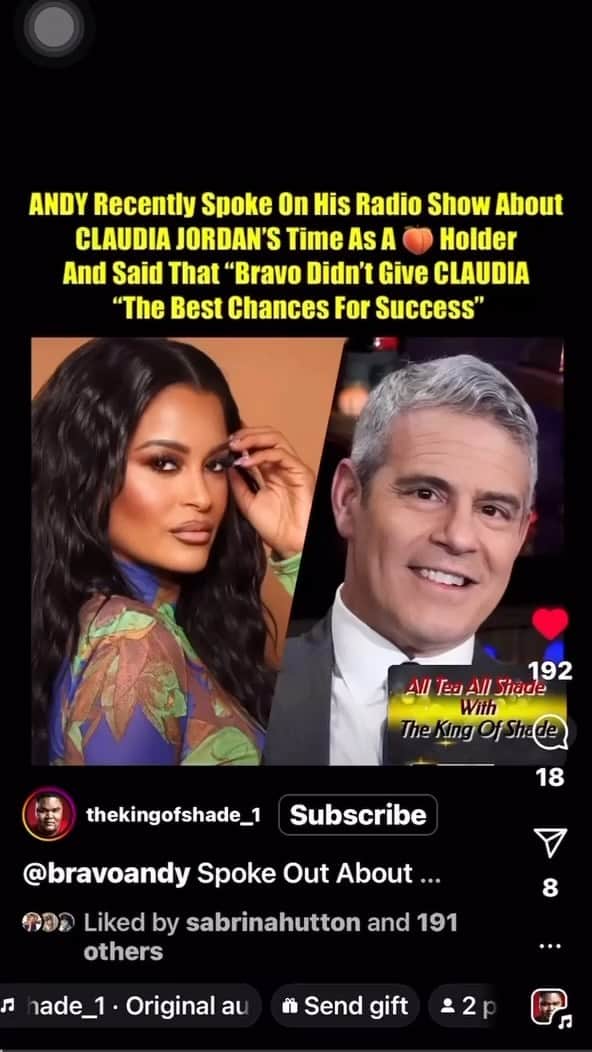 クラウディア・ジョーダンのインスタグラム：「Thank you for saying this @bravoandy 🙌🏾 Only correction is I didn’t move to Atlanta to be a friend of the show on #RHOA…. I moved there once I signed a one year contract to co-host the Rickey Smiley show. But other than that small detail this was all very true and he’s definitely told me I never had a fair shot being bumped up to Housewife status pretty much at the end of the shooting season like that so I  basically had a month of shooting time to show a story line and that simply isn’t enough time to garner any interest in my life and to show what I REALLY had going on. But even with that—season 7 will forever be Epic and I’ll always appreciate the experience! No hard feelings here!! Who knows that the future holds tho 🤷🏽‍♀️👸🏾😇 Thank you for posting this @thekingofshade_1 💜💚」