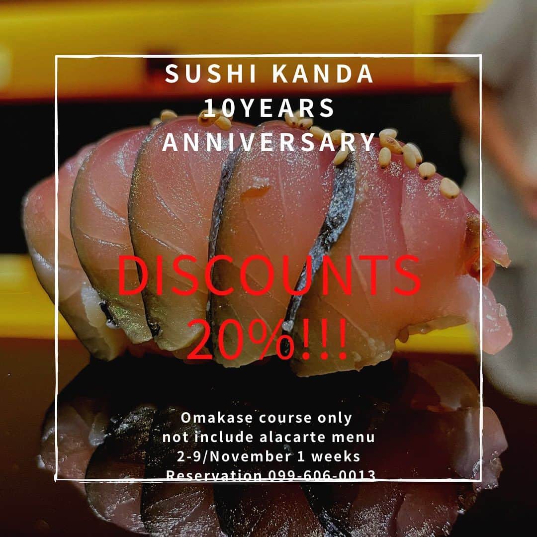 SUSHI KANDA • 寿司神田さんのインスタグラム写真 - (SUSHI KANDA • 寿司神田Instagram)「Part Ⅲ   ซูชิคันดะฉลองครบรอบ 10 ปี เราขอขอบคุณทุกท่านมาก และขอมอบของขวัญให้กับผู้มีพระคุณทุกท่าน คอร์ส Omakase ลด 20% ทุกคอร์ส !!!!!! วันนี้ถึงวันพฤหัสบดีสัปดาห์หน้า เราหวังว่าจะได้พบคุณทุกคน🙏🏻  Sushi kanda celebrates 10th years anniversary  As a token of our gratitude we would offer you 20% discount on Omakase menu today until next Thursday. We look forward to seeing you  第三弾！  寿司神田は今月で10周年を迎える事が出来ました。  感謝のお礼を込めてお任せメニューを20％ディスカウント致します！ 本日から来週の木曜日までの1週間です。 お待ちしております。  For reservation: 099.606.0013 Or Line ID 027126639  #sushikanda #sushi #japanesecuisine #sashimi #foodporn #aroi #aroiibkk #ginraidee #paigingun #wongnai #edtguide #bkkmenu #starvingtime #寿司神田 #寿司スタグラム #鮨 #寿司 #すし #バンコク寿司 #銀座グルメ #赤酢 #横井醸造」11月2日 14時20分 - sushi.kanda