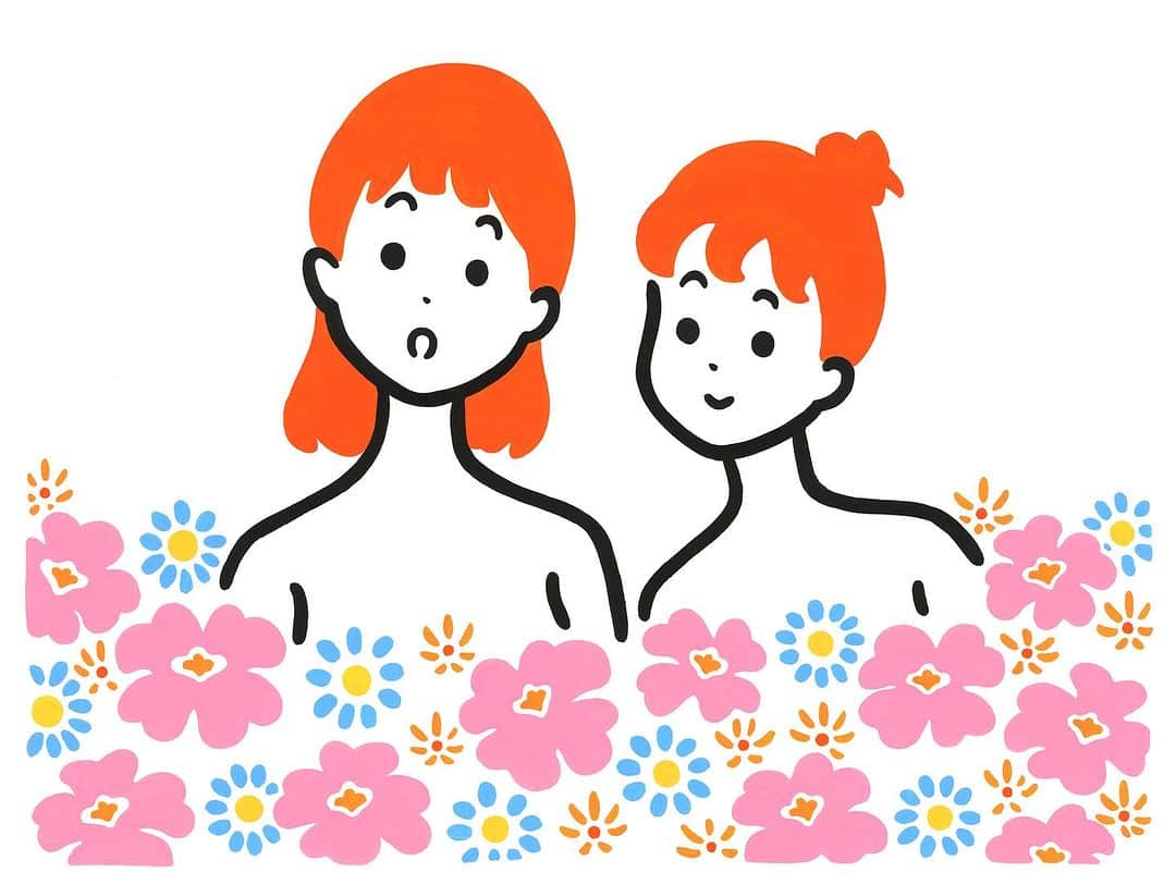 白根ゆたんぽのインスタグラム：「花咲く向こうに2人 その2  個展「お花ばたけ」より 展示は終了しましたが作品は引き続き11月12日まで @popularity_gallery_studio  の通販ページにて取り扱っていただいております。 よろしくおねがいいたします🌷🌹🌷」