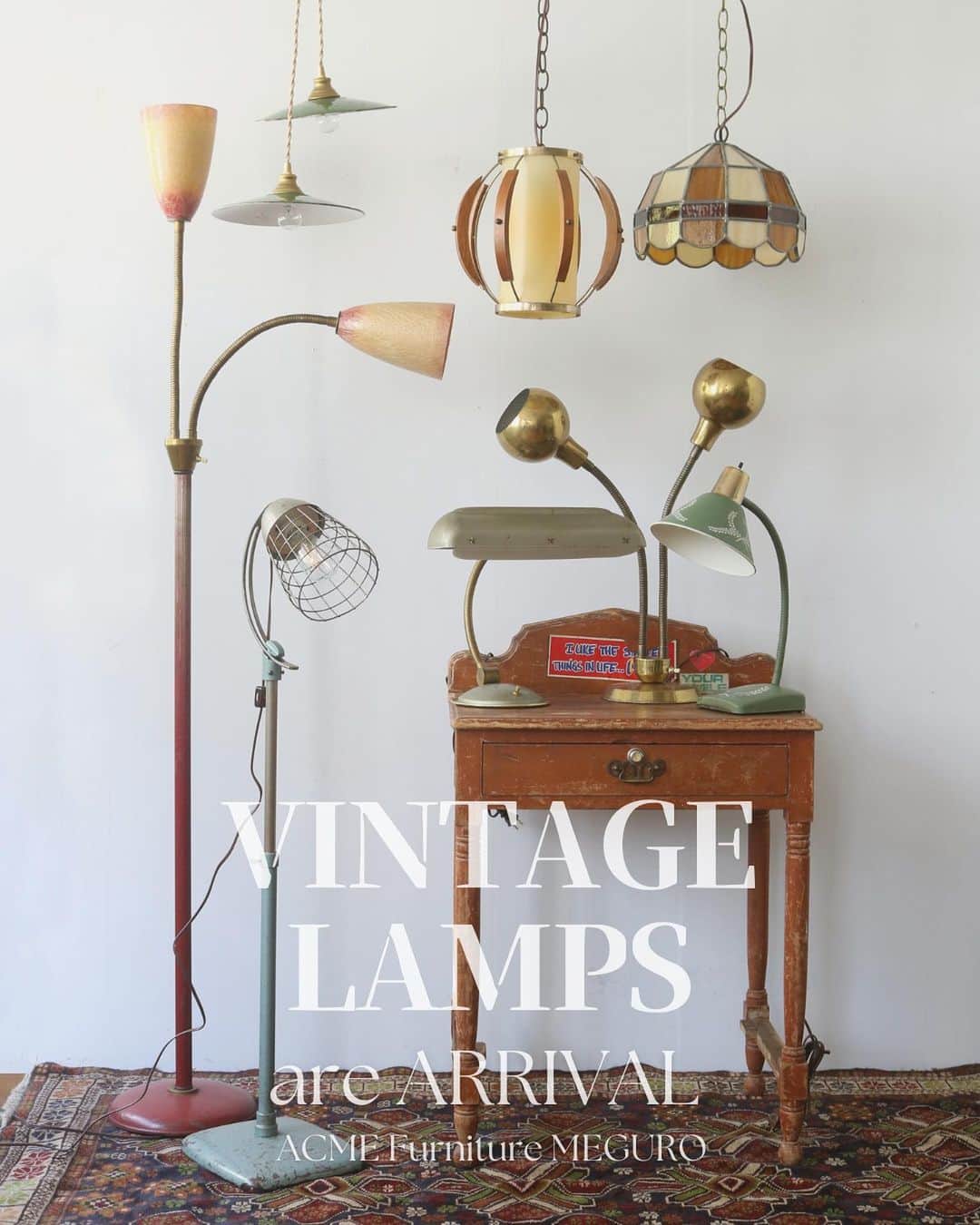 ACME Furnitureのインスタグラム：「【 VINTAGE LAMPS are Arrived 】 at ACME FURNITURE MEGURO st.  2023.11.3 (Fri)~  Pendant Lamp,Floor Lamp,Table&Desk Lamp and More.  アメリカよりVINTAGE LAMPが大量入荷しました！  1920年代～70年代に製造された当時の作り手のこだわりの詰まった様々なデザインのランプは 見ていて飽きることがありません。  ランプは全て国内専門業者によるメンテナンス済みです。  秋の夜長のお供に、お気に入りの1台を探してみてはいかがでしょうか。  Contact:ACME Furniture MEGURO St. TEL:03-5720-1071 Email:acme-jsf@baycrews.co.jp  #acmefurniture #vintagelamp #vintagefurniture #pendantlamp #floorlamp #tablelamp #desklamp」