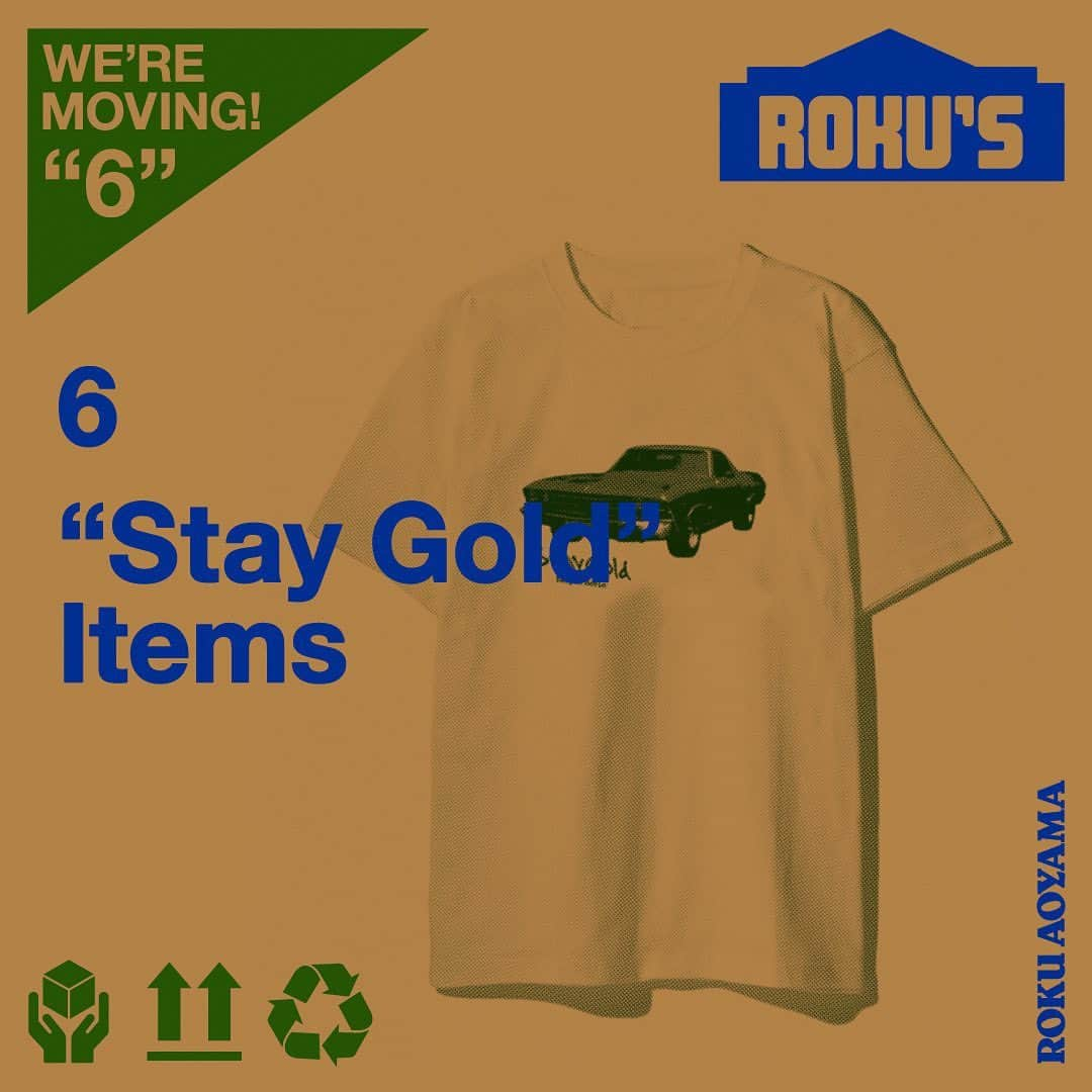 6(ROKU) OFFICIALのインスタグラム：「- 【Grand Opening 11.11 ROKU AOYAMA】 〈6〉“STAY GOLD”ITEMS  ROKUがブランドデビューした2013年秋冬、ファーストビジュアルブックの表紙として使われていた外車をモチーフにしたTシャツ、スウェット、キャップをつくりました。この車をみて当時のビジュアルブックを思い出す方もいらっしゃるはず…！ ブランドをスタートして10周年の節目となる今シーズン、思い入れのあるモチーフを各アイテムに落とし込みました。6 AOYAMA限定で展開します。   〈6〉STAY GOLD ITEMS PRICE：¥6,600（CAP） 　　　　¥8,800（T-SHIRT） 　　　　¥17,600（SWEAT） SIZE:M/L（T-SHIRT、SWEATともに） 発売日：11月11日～ 発売店舗：6 AOYAMA、Onlinestore (※Onlinestoreは発売日未定となります) ※お一人様各色各サイズ1点のみ ※お電話でのお取置き、通販解禁日は11/20(月)〜となります。  -6 AOYAMA- ・オープン日：2023年11月11日(土) ・住所：東京都港区南青山3-14-17 B1F 　　　　(※ @h_beautyandyouth 隣接) ・営業時間：平日 12:00～20:00、土日 11:00～20:00 ・定休日：不定休」