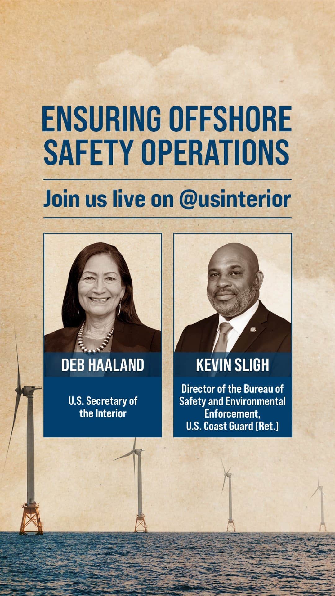 アメリカ内務省のインスタグラム：「@secdebhaaland and @bseegov Director Kevin Sligh discussed the important work BSEE is performing to advance our country’s clean energy transition and how the Director’s military background influences his work.」