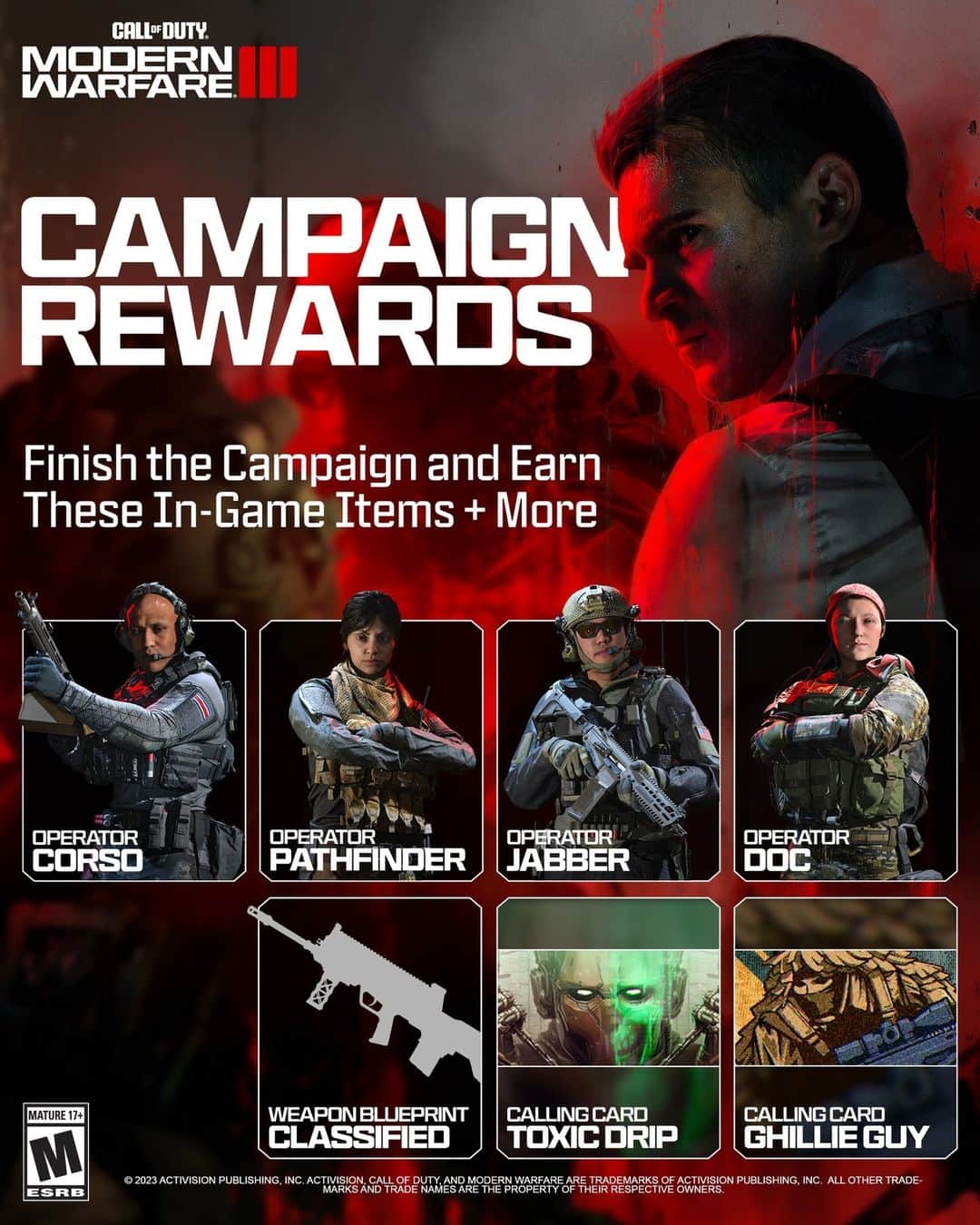 Call of Dutyのインスタグラム：「Get every advantage by unlocking these Operators and Blueprint, as one of the many rewards for completing the Campaign 🔥  Pre-Order #MW3 and complete the Campaign to unlock.」