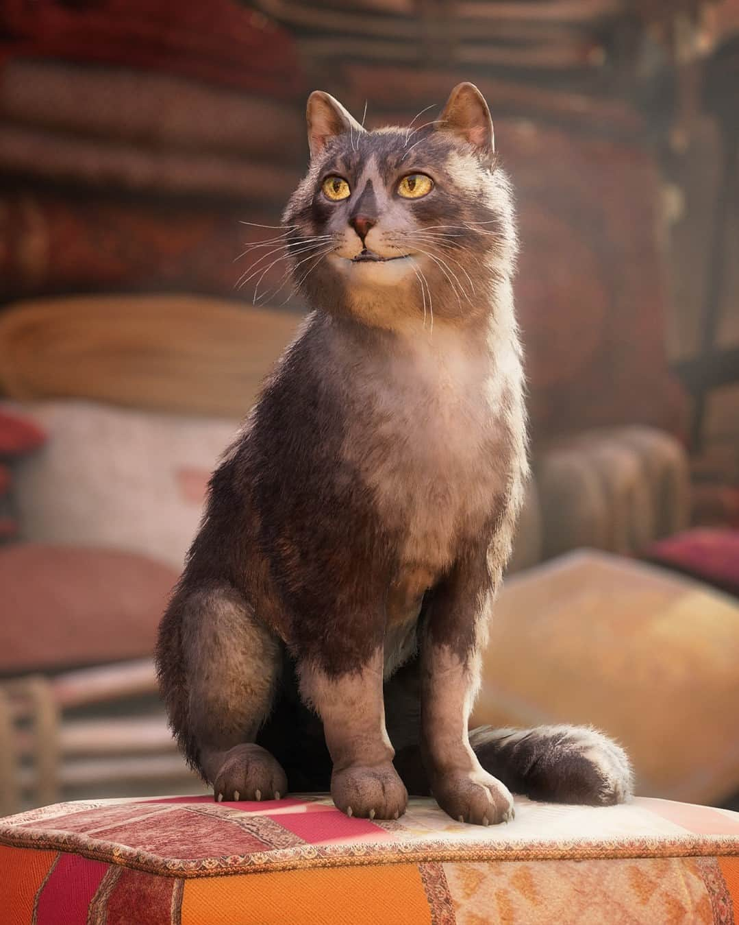 アサシン クリードのインスタグラム：「Roaming the bustling streets of Baghdad is the cat-ssassin, a unique kitty that carries the mark of the Creed on his fur.  In honor of a legendary cat that passed away. Requiescat in pace. 🙏  Swipe to see the kitty that inspired us!   #AssassinsCreed」