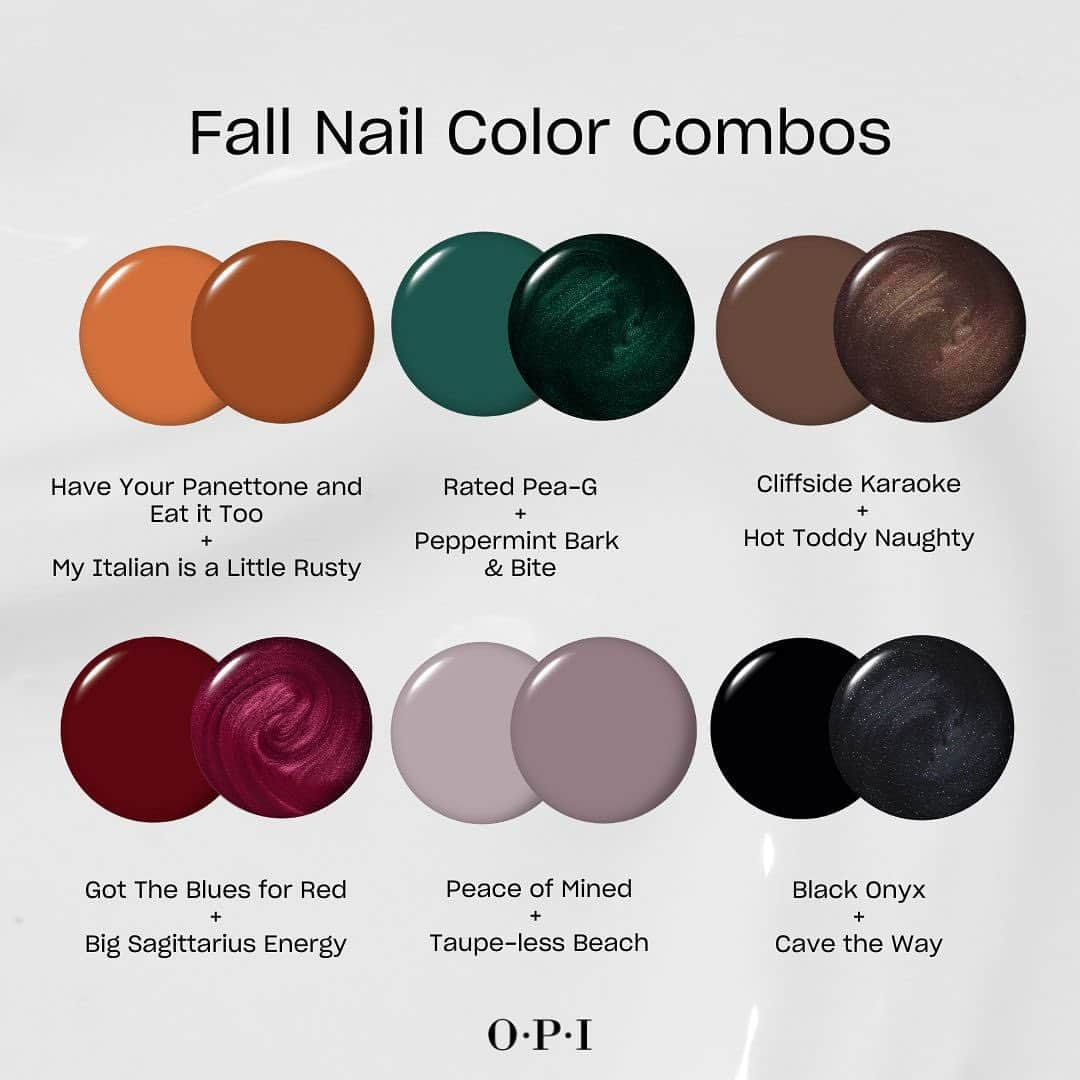 OPIのインスタグラム：「Fall is in the air 🍂 Layer up in these cozy color combos perfect for a mix/match mani, frenchie, or seasonal nail art. 💅🍁  *SAVE* for inspo and drop your go-to fall combo below! 👇  #OPI #OPIObsessed #FallMani」