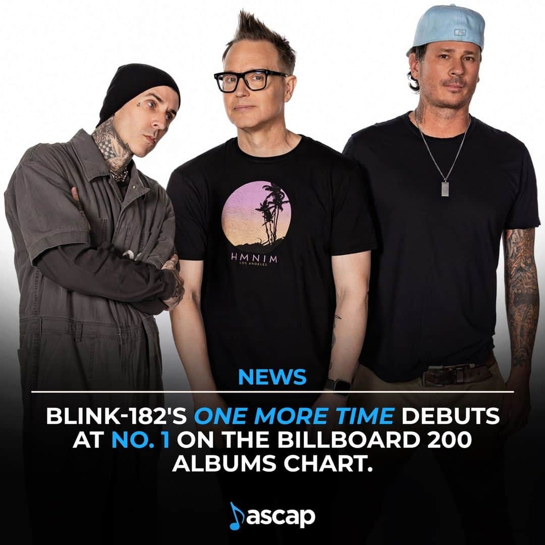ASCAPのインスタグラム：「An ASCAP award plaque made a surprise cameo in Blink-182’s interview with Apple Music’s Zane Lowe. Congratulations to Blink-182 for debuting at #1 on the Billboard 200 Albums Chart!」