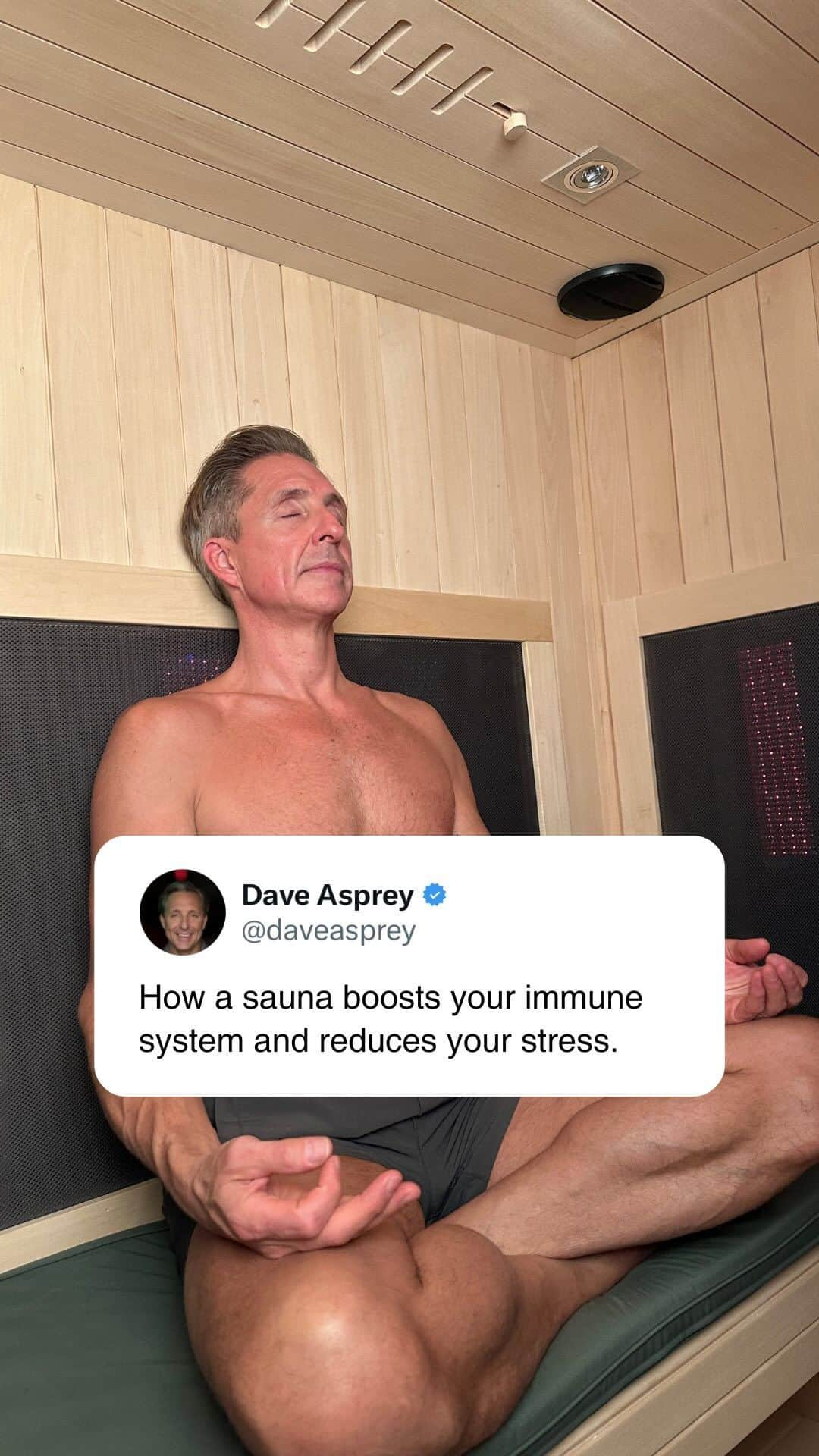 デイヴ・アスプリーのインスタグラム：「How to biohack your biology during the holidays. 🎄👆🏼  Boost your immunity and reduce stress in a natural way this holiday season with an infrared sauna.   Daily sauna use will bolster your immune system thanks to the benefits of hormesis and the healing power of infrared.  Sunlighten saunas have the best infrared on the market. I couple my time in Sunlighten’s Smart Sauna with immune boosting supplements to make sure my body is in peak form to fight illness. 💪🏼   Act now and save up to $600 on your purchase by visiting Sunlighten.com/dave.  Make immunity a gift for yourself or a loved one!  #sunlightensaunas, #immunesystem #immunebooster #preventativehealth #winter #holidayseason #sauna #SunlightenSauna」