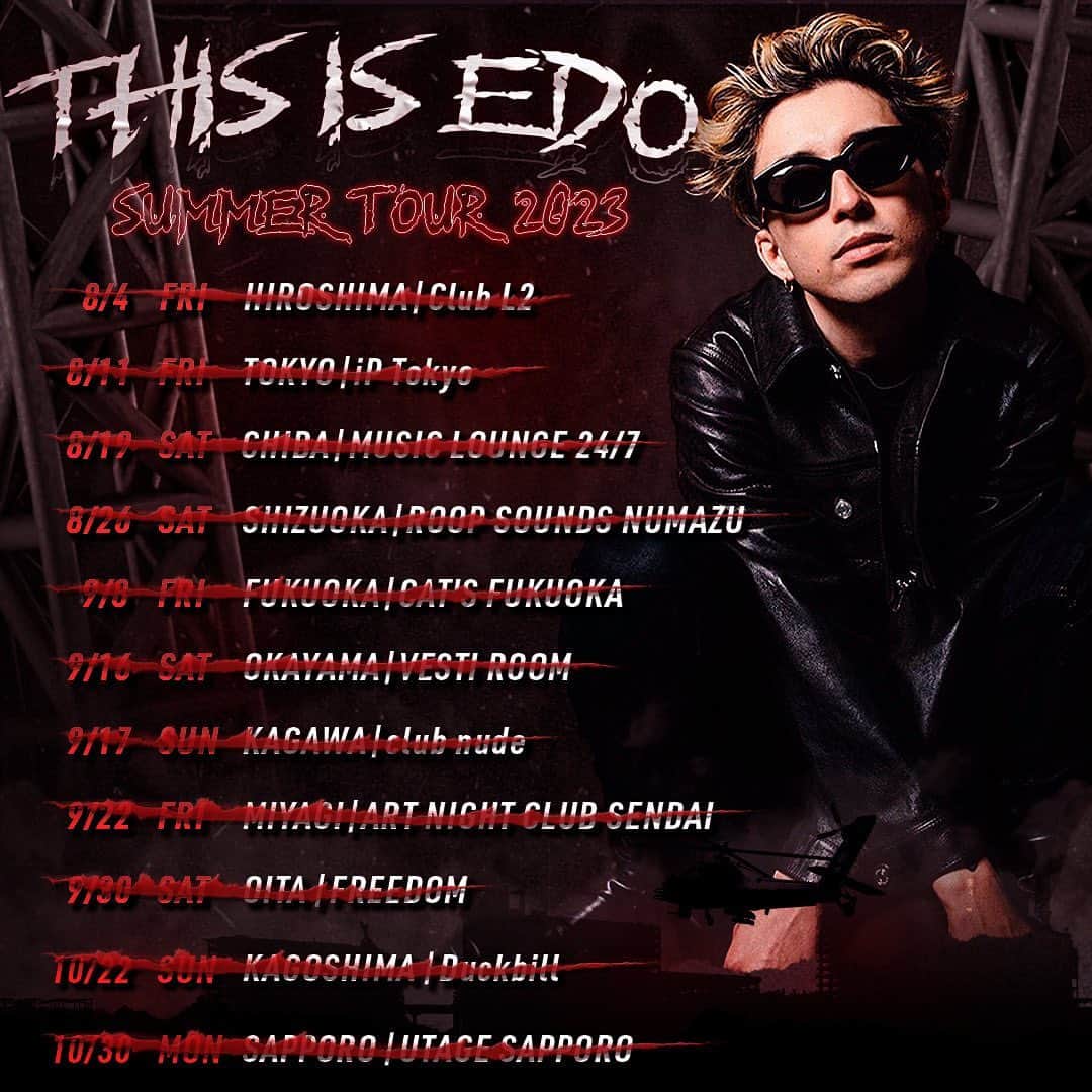 エドのインスタグラム：「THIS IS EDO SUMMER TOUR 2023  無事終わりました 来てくれた方々、いろいろサポートしてくれた方々本当にありがとうございます感謝でいっぱいです 正直自分でもわかってるけど曲ぜんぜんヒットしてないしそんなんでツアー回っても誰が見たいんだよって思ってたけどみんな本当にあたたかくて盛り上がってくれて今回のツアーでいろいろ考えさせられました このままただやりたかった音楽やって終わりは趣味音楽キモ外国人なので次のアルバムではブチ当ててライブ来てくれたみんなが一緒に歌えるような曲作れるようにマジで頑張ります。 20代後半の馬鹿野郎にこんな沢山の事を学ばせてくれて本当にありがとうございました 次はもっとパワーアップしてツアー回るのでその時またお会いしましょう🤝 最高の夏の思い出ありがとうございました🔥🔥🔥」