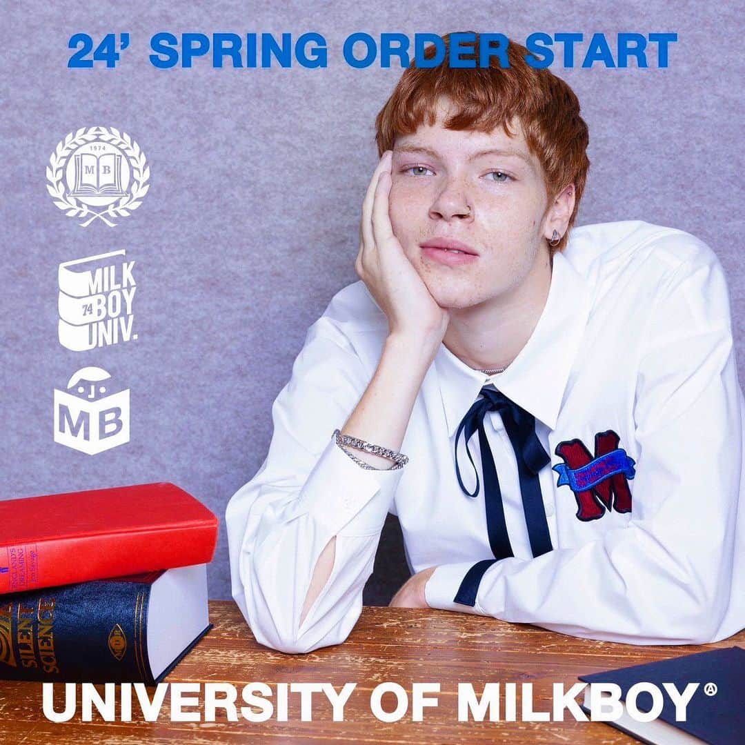 ミルクボーイさんのインスタグラム写真 - (ミルクボーイInstagram)「MILKBOY 2024 SPRING COLLECTION  PRE ORDER START!!🕊️📕🎓⚜️  明日11/3(金)より、店頭にて2024 SPRING COLLELTIONの公開がスタートします。 同時にご予約、入荷連絡も受付開始となりますので、この機会にぜひご利用ください。  #milkboy」11月2日 20時15分 - milkboyharajuku