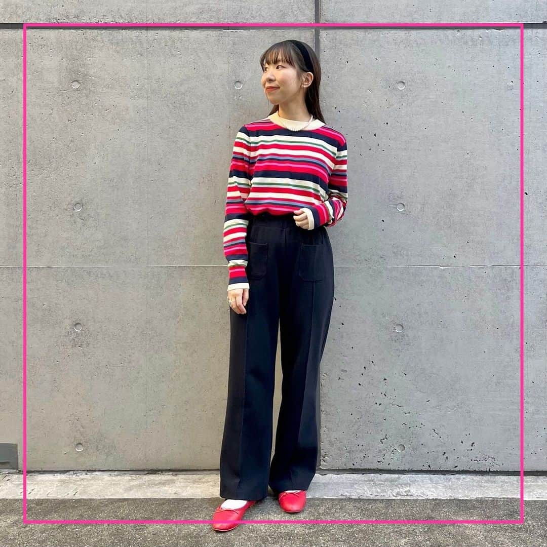 Dot&Stripes CHILDWOMANのインスタグラム：「. . 【2024 SPRING COLLECTION】 . . ハイツイストコットン マルチボーダープルオーバー アカ.マルチ/フリーサイズ 品番01-01-KN-003-24-1 ¥12,980(税込) 1月下旬頃入荷予定 (ZOZO TOWN/Ambidex store 11/23〜予約スタート) . ウールポリエステル リップルイージーフレアパンツ ピンク.コン/フリーサイズ 品番01-01-PT-004-24-1 ¥16,280(税込) 3月上旬頃入荷予定 (ZOZO TOWN/Ambidex store 1/19〜予約スタート) . 着用スタッフ154cm . . #dotandstripeschildwoman #childwoman #myfav  #childwomanparici #Okumo #2024ss」