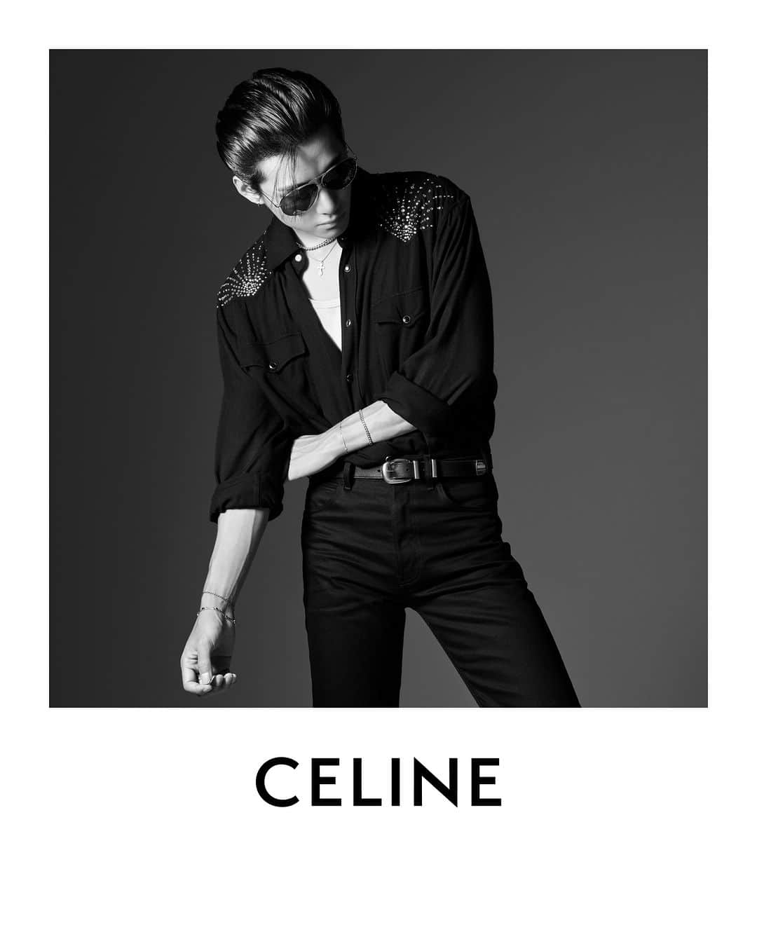 Celineのインスタグラム：「V @THV  CLASSIC CELINE WESTERN SHIRT WITH EMBROIDERY  CELINE METAL FRAME SUNGLASSES  @HEDISLIMANE PHOTOGRAPHY AND STYLING PARIS OCTOBER 2023  #CELINEPORTRAIT #CELINEBYHEDISLIMANE」