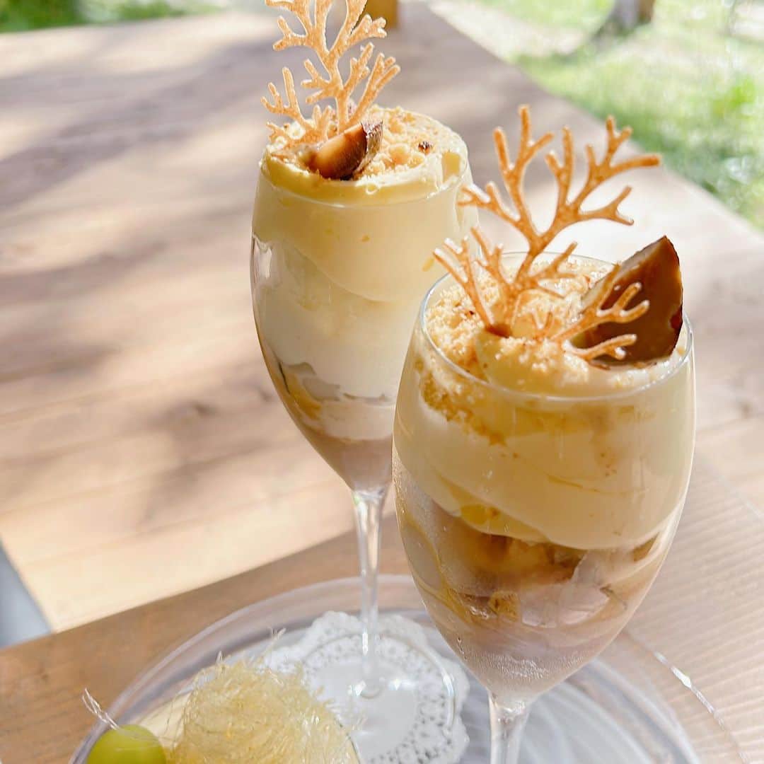のインスタグラム：「新城にある素敵なカフェ Cure Cafe @curecafe.1490   電話が全然繋がらなくてランチは断念して他のお店でステーキを食べたのだけど、カフェタイムに滑り込みでなんとか入れました♡ 栗のパフェとシャインマスカットのパフェ♡  ロケーションも最高だし、 次回は絶対にランチに行きたいからその場で次の予約入れてきました♪ めちゃくちゃ楽しみ！！ @maigallery_official   Cure Cafe 愛知県新城市只持大立10-1」